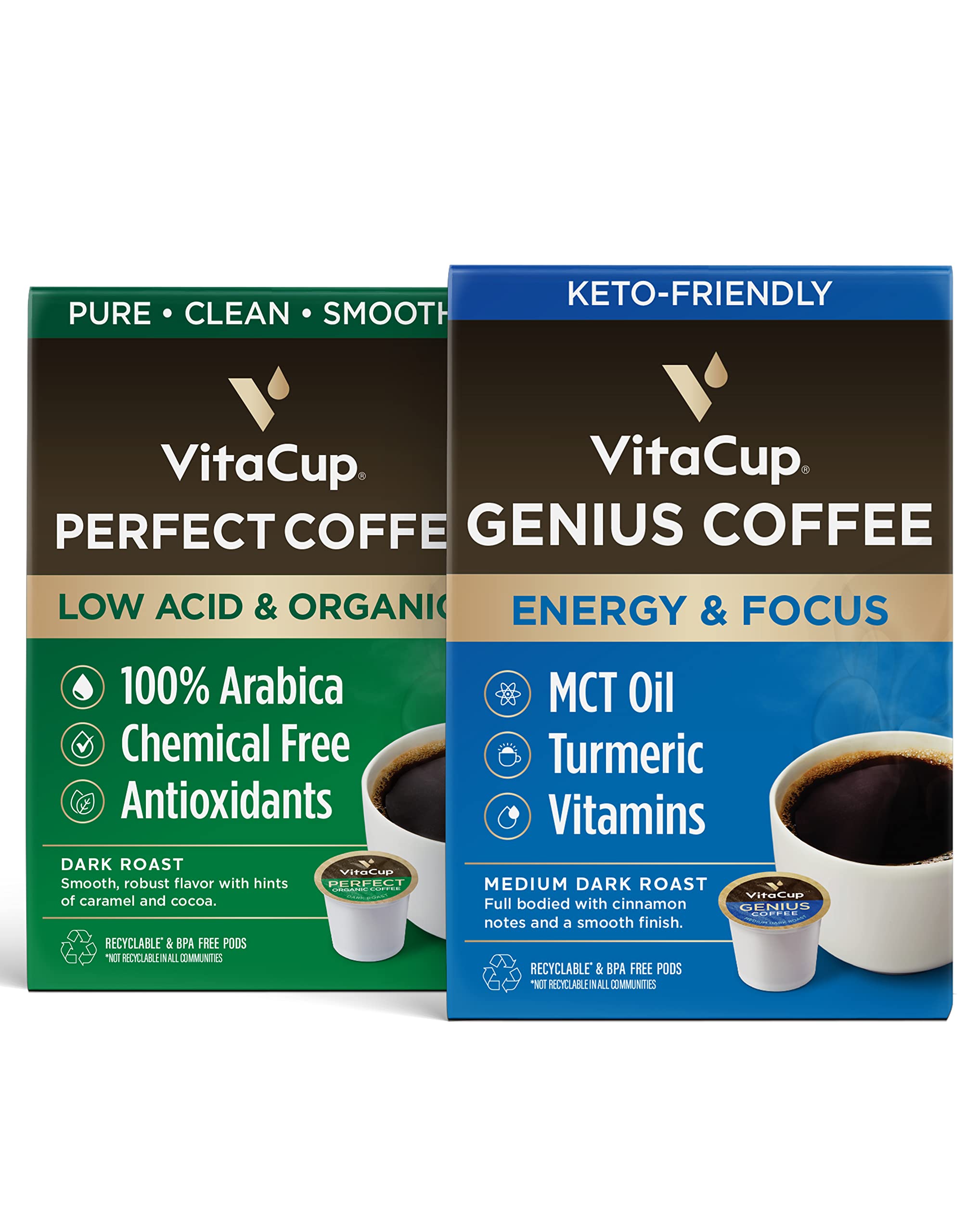 VitaCup Perfect Low Acid Coffee Pods, USDA Organic & Fair Trade, Mycotoxin Free, Dark Roast,16 CT | VitaCup Genius Organic Coffee Pods, Infused with MCT Oil, Turmeric, & B Vitamins, 16 CT
