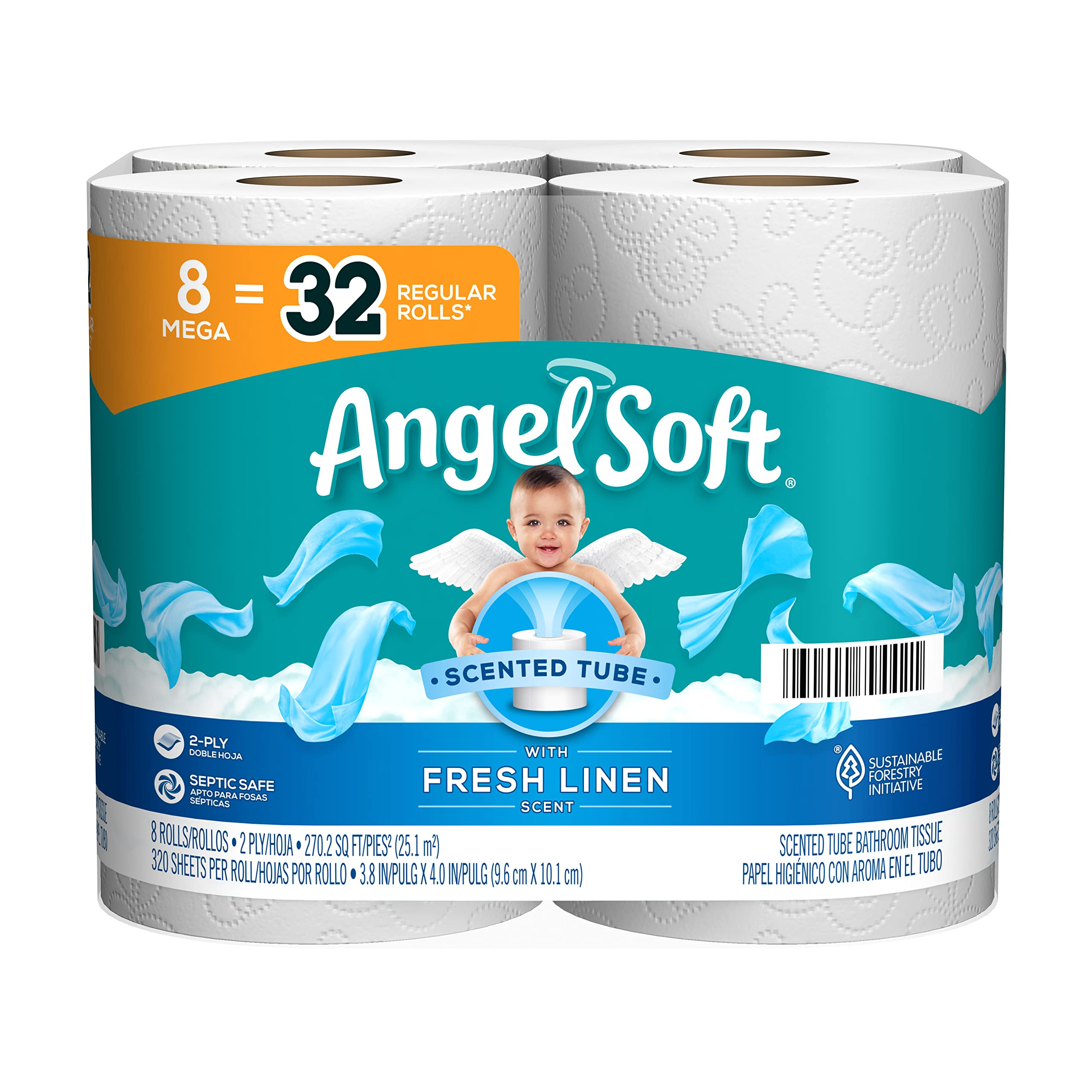 Angel Soft Toilet Paper with Fresh Linen Scented Tube, 8 Mega Rolls = 32 Regular Rolls, Soft and Strong Toilet Tissue