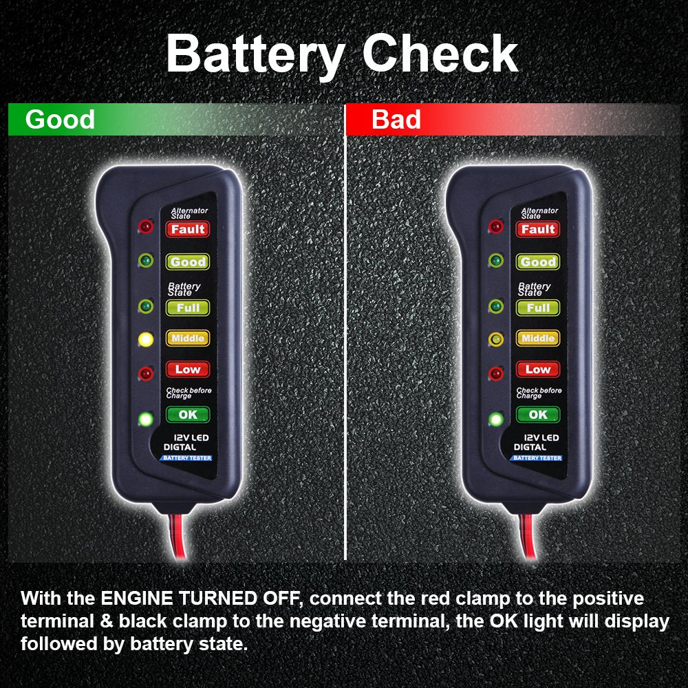 CARTMAN 12V Car Battery Alternator Tester, Test Battery Condition & Alternator Charging, LED Indication