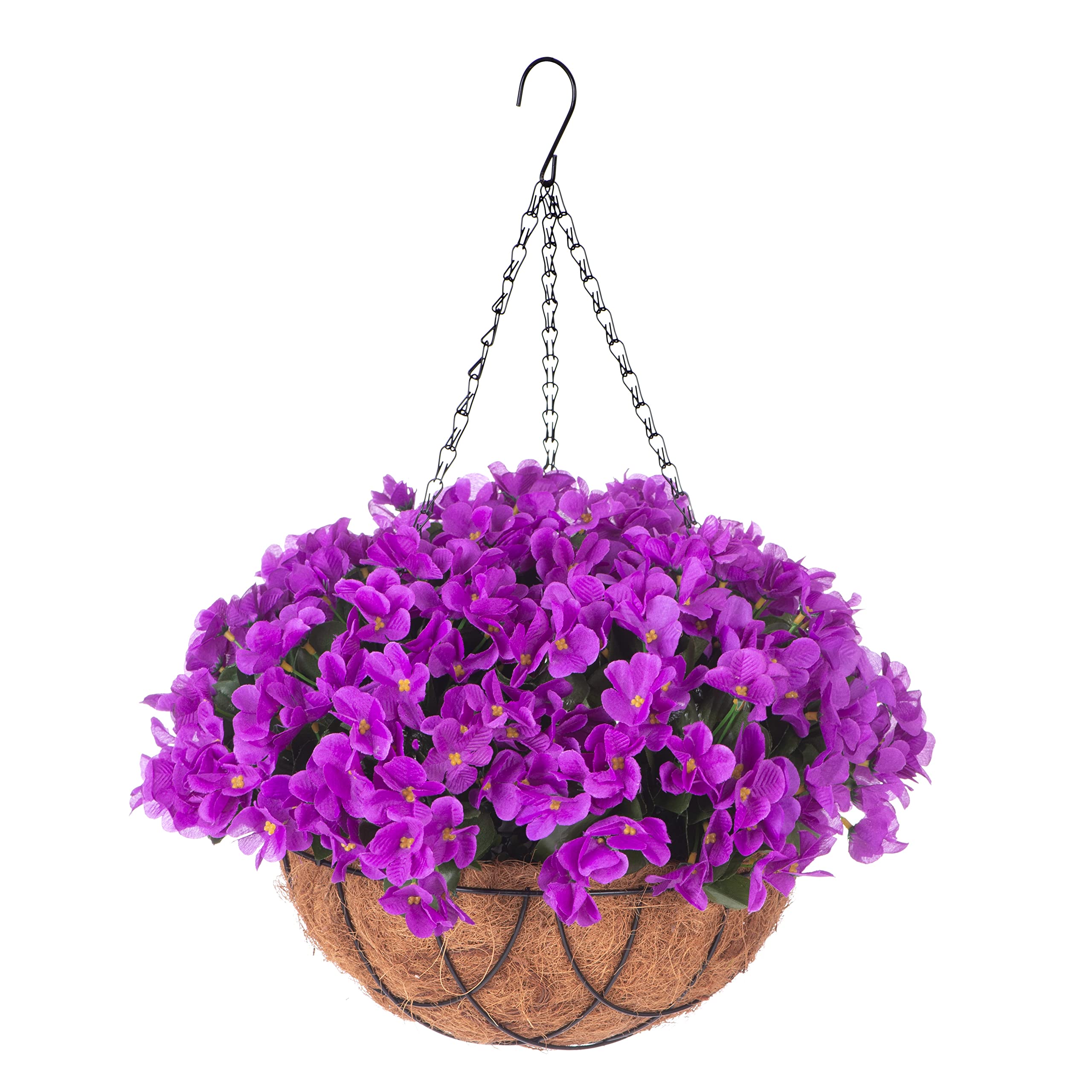 Artificial Flowers with HangingBasket for Outdoor Indoor,Fake Hydrangea Flowers in Coconut Lining Hanging Basket for Home Courtyard Decoration,4 Branches Hydrangea Flowers in 12'' Basket(Purple)