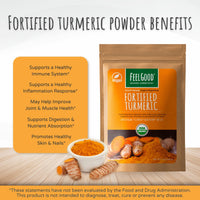 FeelGood Organic Superfoods Fortified Turmeric Powder with Curcumin and Black Pepper, 95% Curcuminoids, Immune Support, Vegan, Gluten Free, Non-GMO, Pure Ground Turmeric Root from India, 7 oz