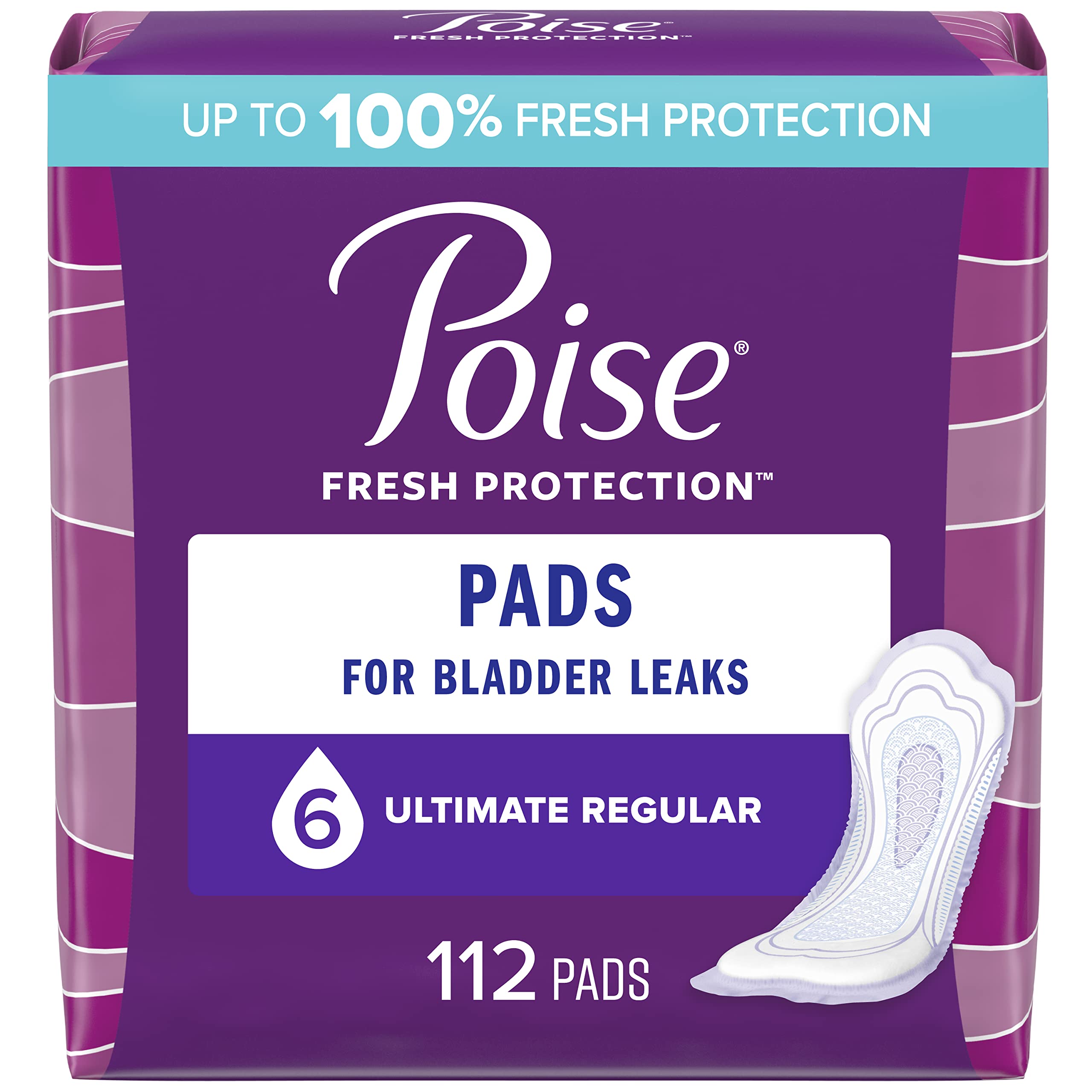 Poise Incontinence Pads & Postpartum Incontinence Pads, 6 Drop Ultimate Absorbency, Regular Length, 112 Count (2 Packs of 56), Packaging May Vary