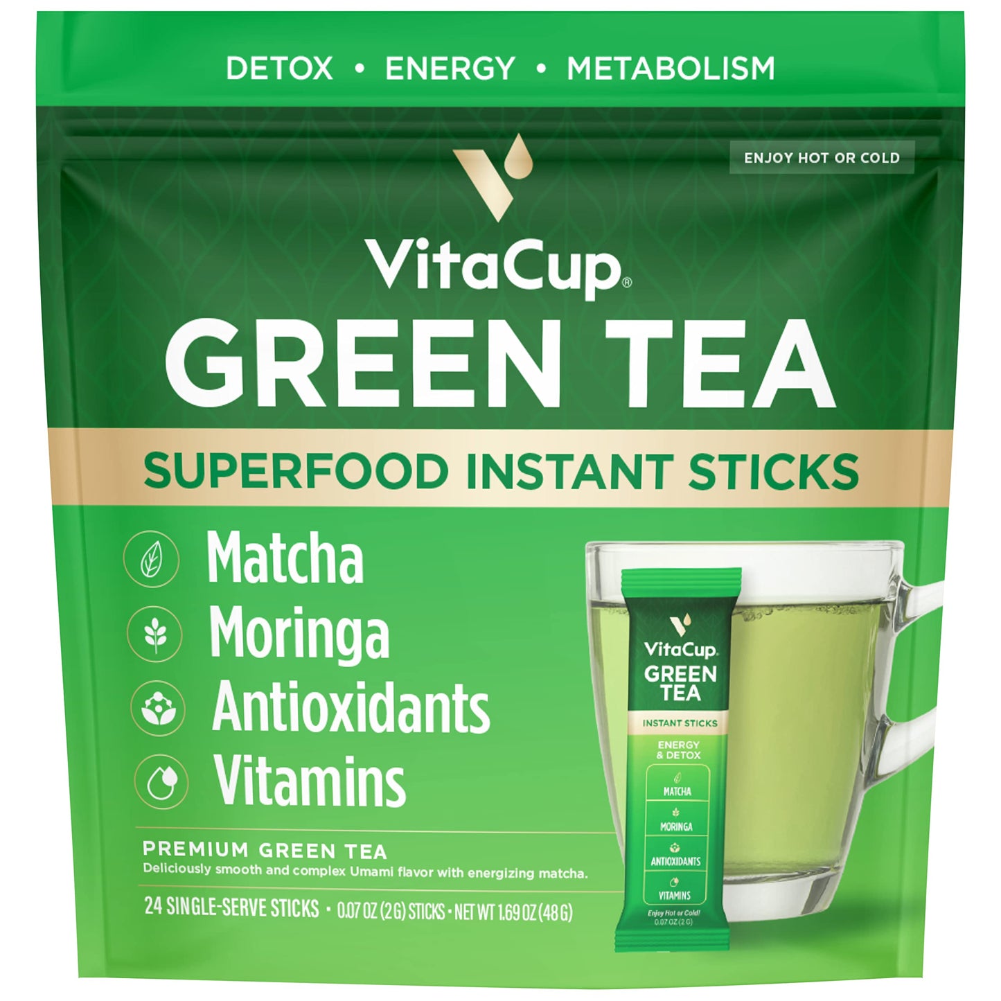 VitaCup Slim Instant Coffee Packet & Green Tea Instant Packet (48) Count Bundle for Energy, Detox, & Diet Support (2) 24 Instant Packets