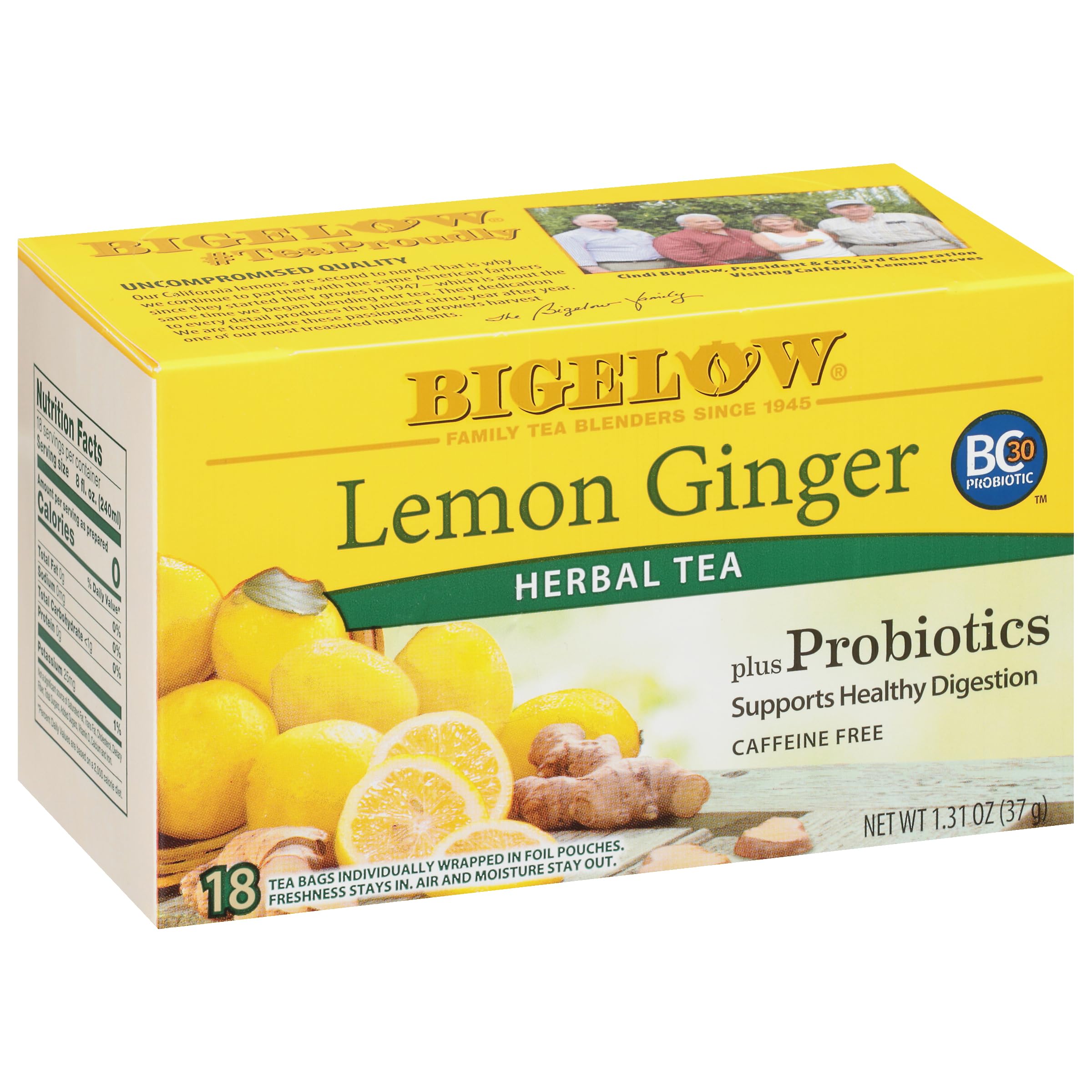 Bigelow Tea Lemon Ginger plus Probiotics Herbal Tea, Caffeine Free, 18 Count (Pack of 6), 108 Total Tea Bags