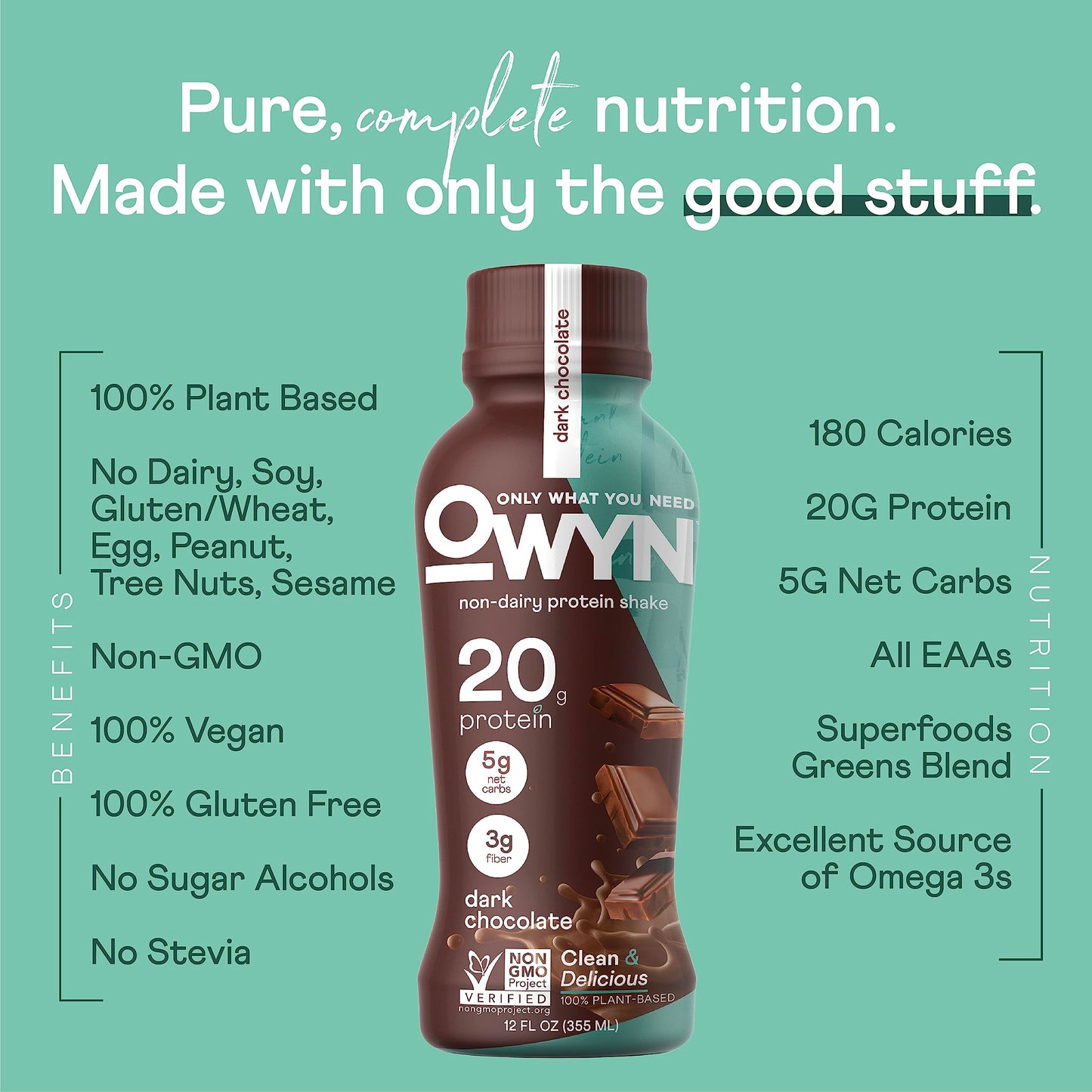 Owyn Plant Based Protein Shake, 20g Vegan Protein from Organic Pumpkin Seed, Flax, Pea Blend, Prebiotic Supplement, Superfood Greens, All-in-one Nutrition, Gluten & Soy-Free (Dark Chocolate, 12 Pack)