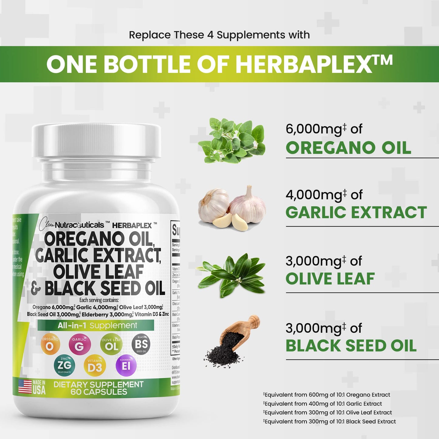 Oregano Oil 6000mg Garlic Extract 4000mg Olive Leaf 3000mg Black Seed Oil 3000mg - Immune Support & Digestive Health Supplement for Women and Men with Vitamin D3 and Zinc - Made in USA 60 Caps