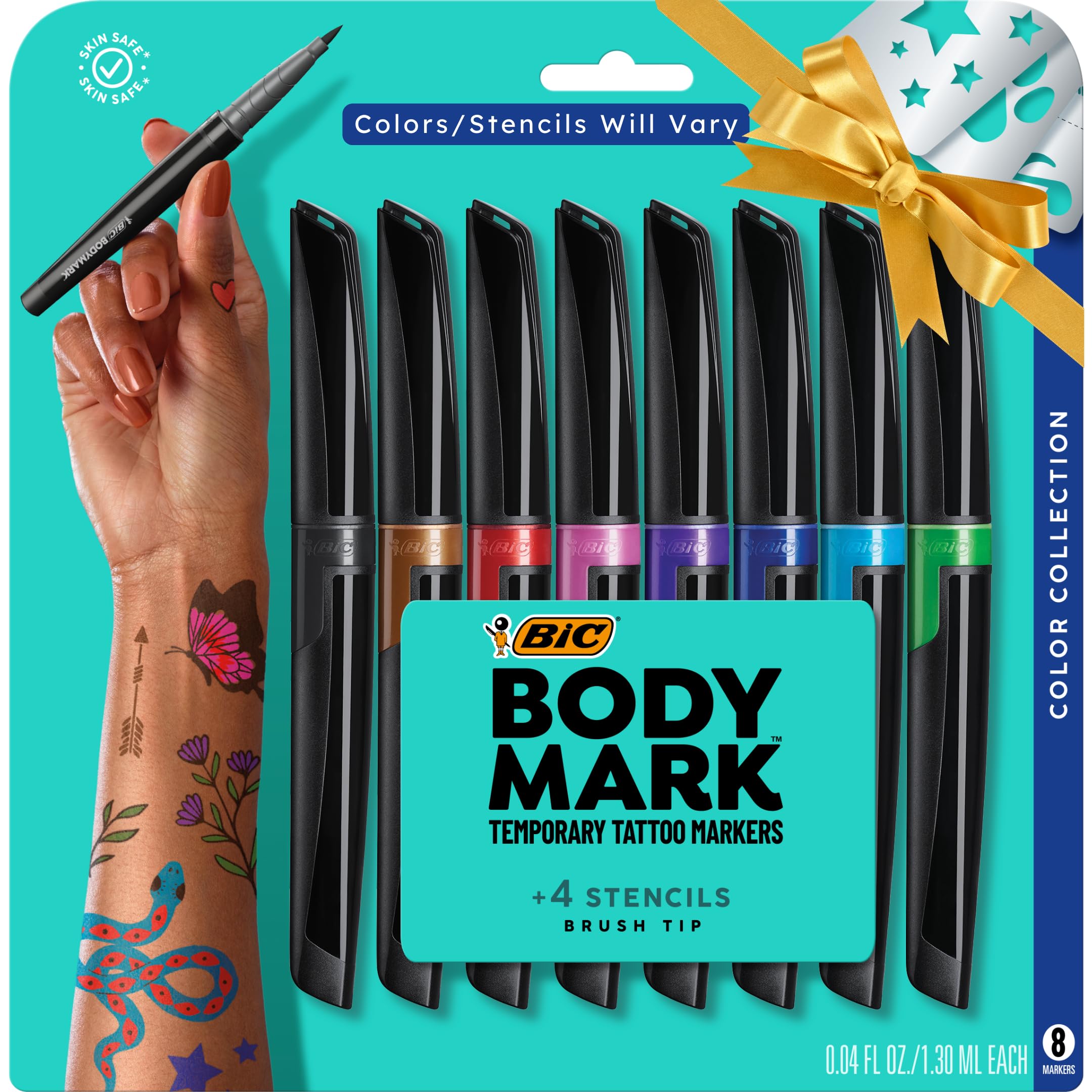 BIC BodyMark Temporary Tattoo Markers for Skin (MTBP81-AST), Color Collection, Flexible Brush Tip, Assorted Colors, Skin-Safe*, Cosmetic Quality 8-Count Pack