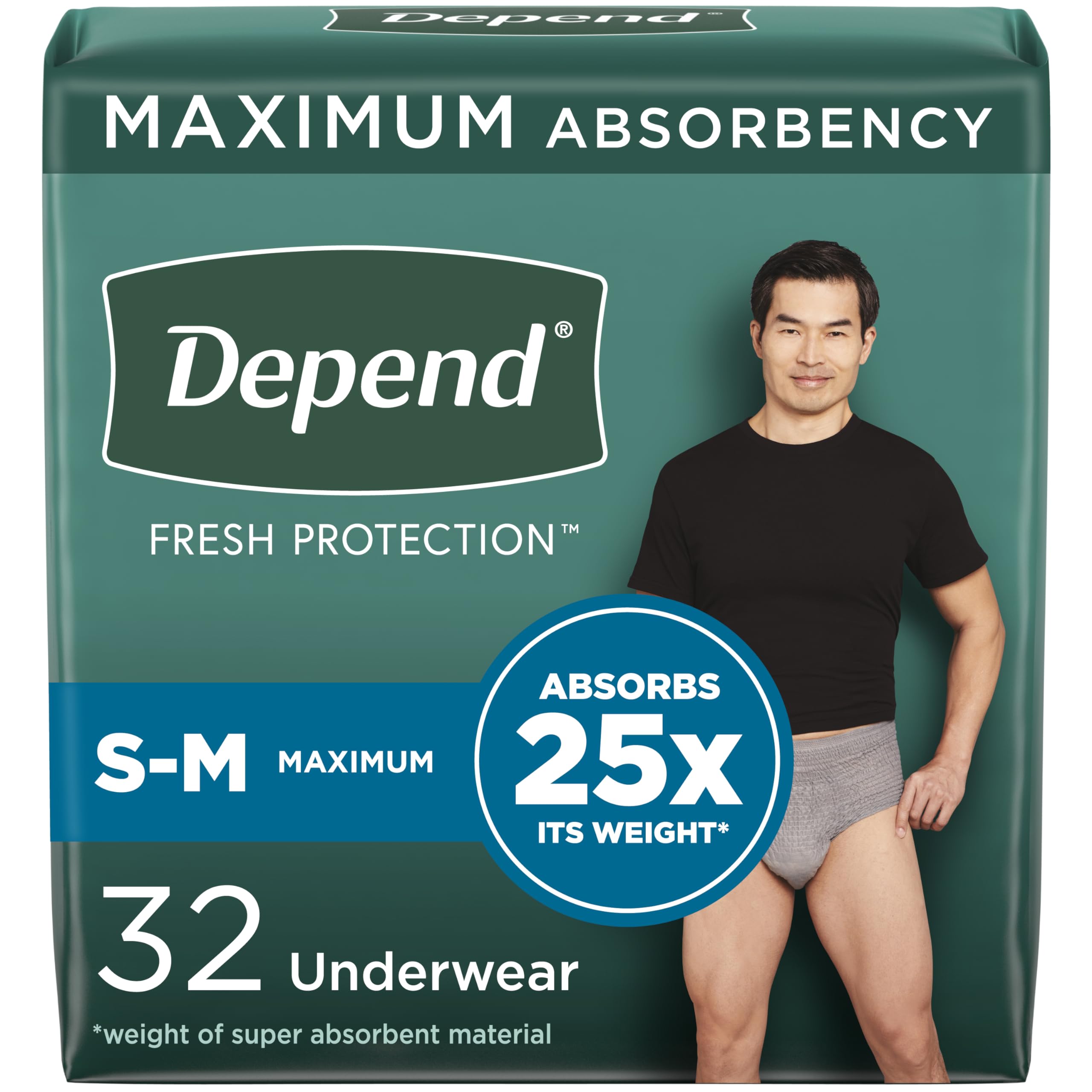 Depend Fresh Protection Adult Incontinence Underwear for Men (Formerly Depend Fit-Flex), Disposable, Maximum, Small/Medium, Grey, 32 Count, Packaging May Vary