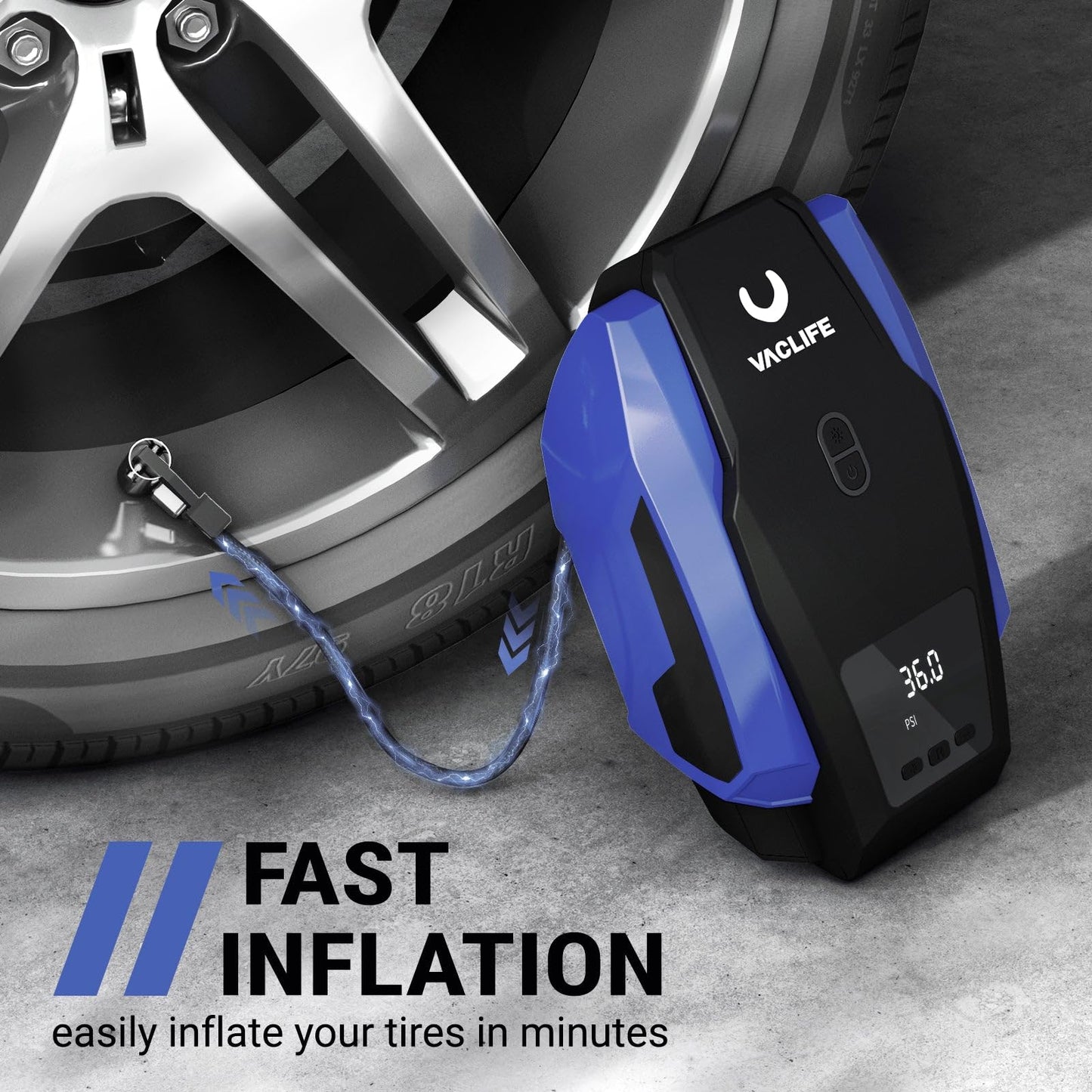 VacLife Tire Inflator Portable Air Compressor - Pump for Car Tires (up to 50 PSI), 12V DC Bikes 150 PSI) w/LED Light, Digital Pressure Gauge, Model: ATJ-1166, Blue (VL701)