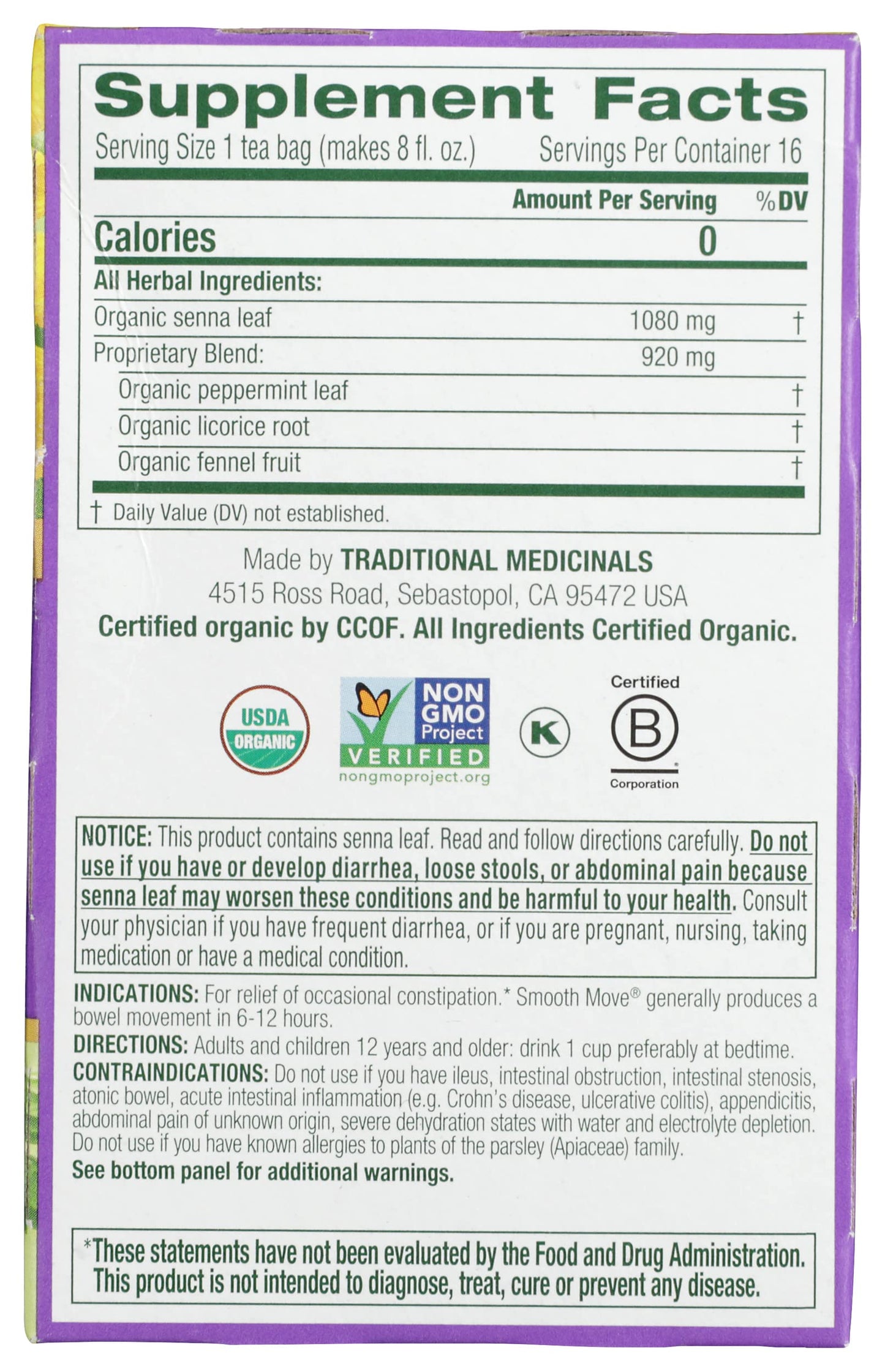 Traditional Medicinals Tea, Organic Smooth Move Peppermint, Relieves Occasional Constipation, Senna, 16 Tea Bags