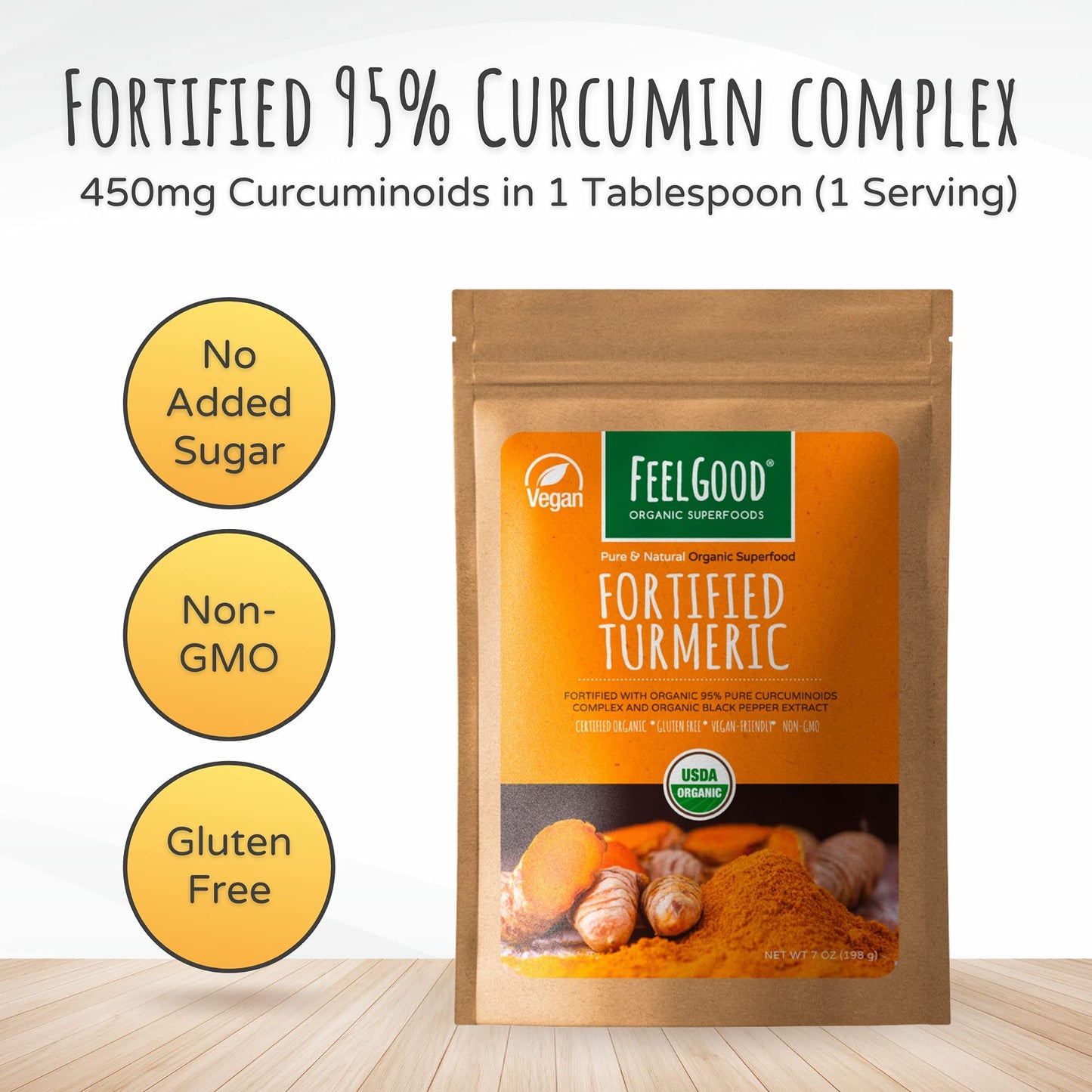 FeelGood Organic Superfoods Fortified Turmeric Powder with Curcumin and Black Pepper, 95% Curcuminoids, Immune Support, Vegan, Gluten Free, Non-GMO, Pure Ground Turmeric Root from India, 7 oz