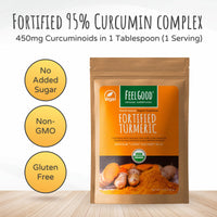 FeelGood Organic Superfoods Fortified Turmeric Powder with Curcumin and Black Pepper, 95% Curcuminoids, Immune Support, Vegan, Gluten Free, Non-GMO, Pure Ground Turmeric Root from India, 7 oz