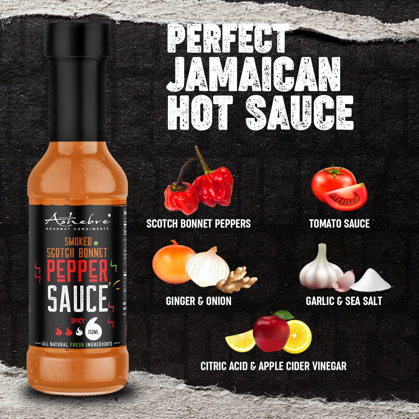 Ashebre Spicy Smoked Scotch Bonnet Pepper Sauce - Gourmet Gluten-Free Hot Sauce - Product of Jamaica, Uniquely Bold & Delicious Flavor (5oz)