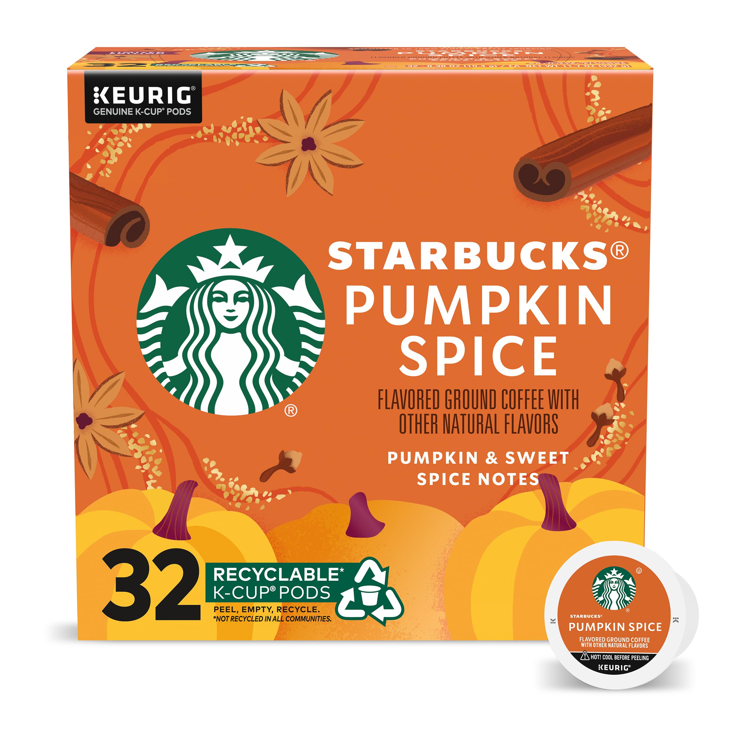 Starbucks K-Cup Coffee Pods—Pumpkin Spice Flavored Coffee—100% Arabica—Naturally Flavored—1 box (32 pods)