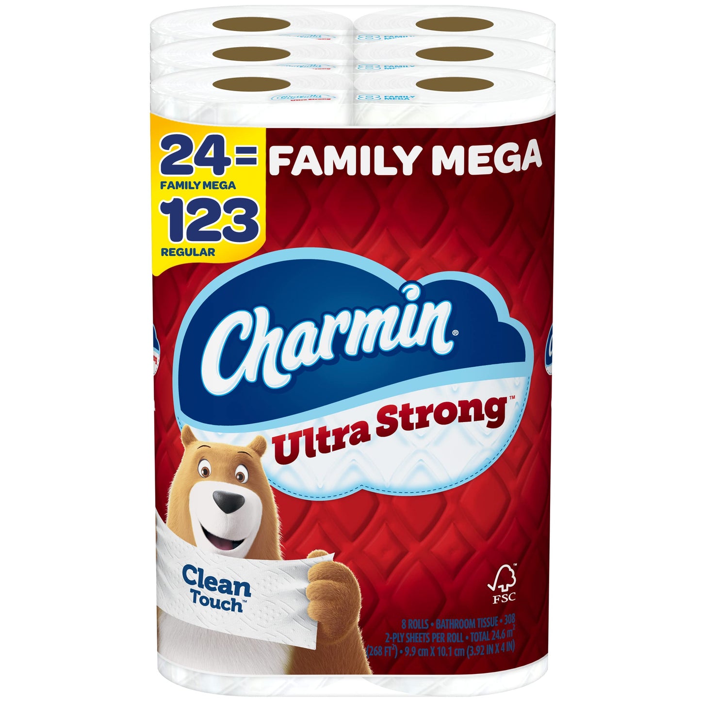 Charmin Ultra Strong Clean Touch Toilet Paper, 24 Family Mega Rolls = 123 Regular Rolls