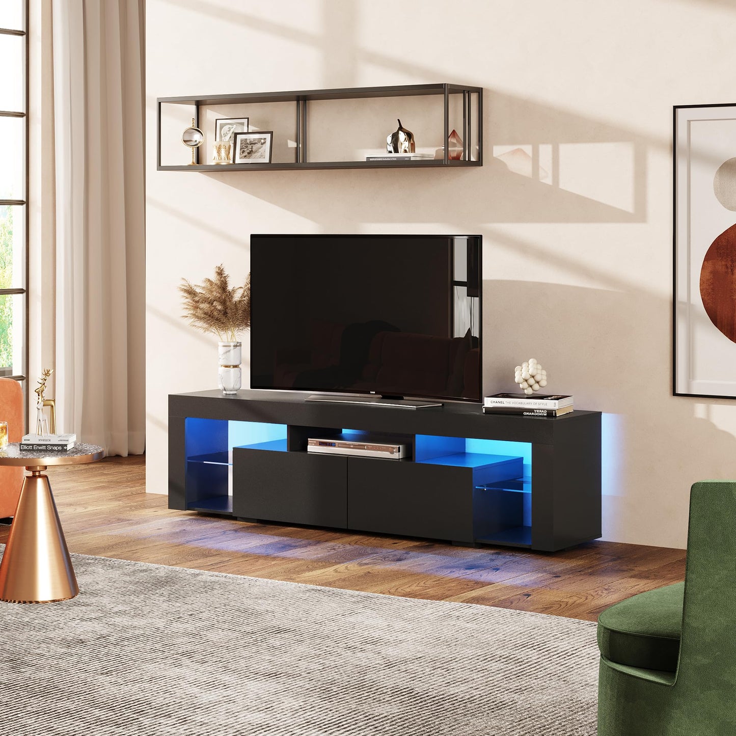 WLIVE 63 in TV Stand for 55/60/65/70 Inch TVs, Modern Entertainment Center with Open Shelves, Wood TV Console with 2 Storage Drawers, Black