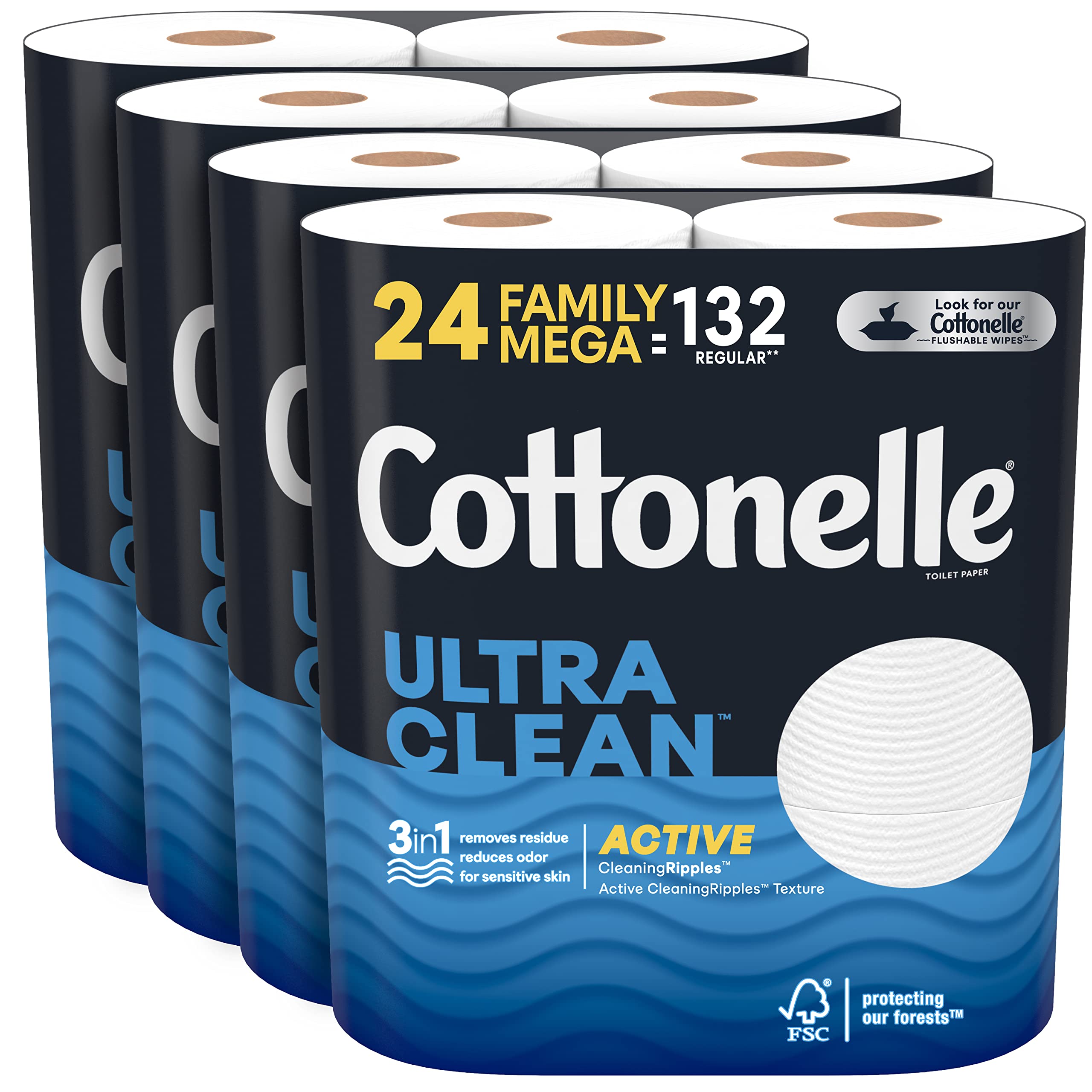 Cottonelle Ultra Clean Toilet Paper with Active CleaningRipples Texture, Strong Bath Tissue, 24 Family Mega Rolls (24 Family Mega Rolls = 132 Regular Rolls) (4 Packs of 6), 388 Sheets per Roll