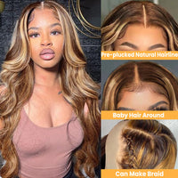 26 Inch Honey Blonde Lace Front Wig Human Hair 13x4 Ombre Pre Plucked with Baby Hair 180% Highlight Glueless Body Wave Lace Frontal Wigs