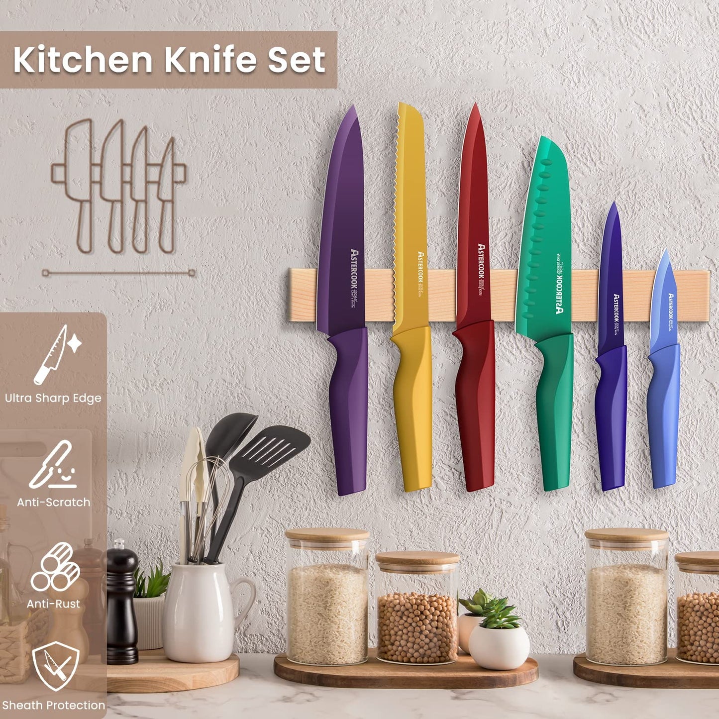 Astercook Knife Set, 12 Pcs Color-Coded Kitchen Knife Set, 6 Color Anti-Rust Coating Stainless Steel Kitchen Knives with 6 Blade Guards, Dishwasher Safe