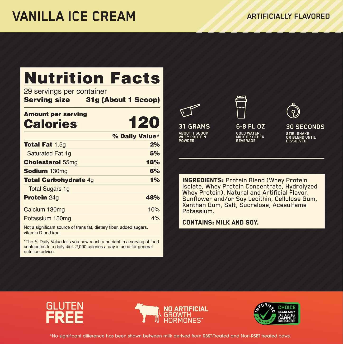 Optimum Nutrition Gold Standard 100% Whey Protein Powder, Vanilla Ice Cream, 2 Pound (Pack of 1)