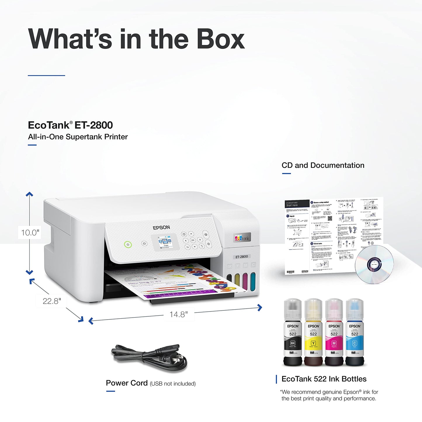 Epson EcoTank ET-2800 Wireless Color All-in-One Cartridge-Free Supertank Printer with Scan and Copy â€“ The Ideal Basic Home Printer - White, Medium