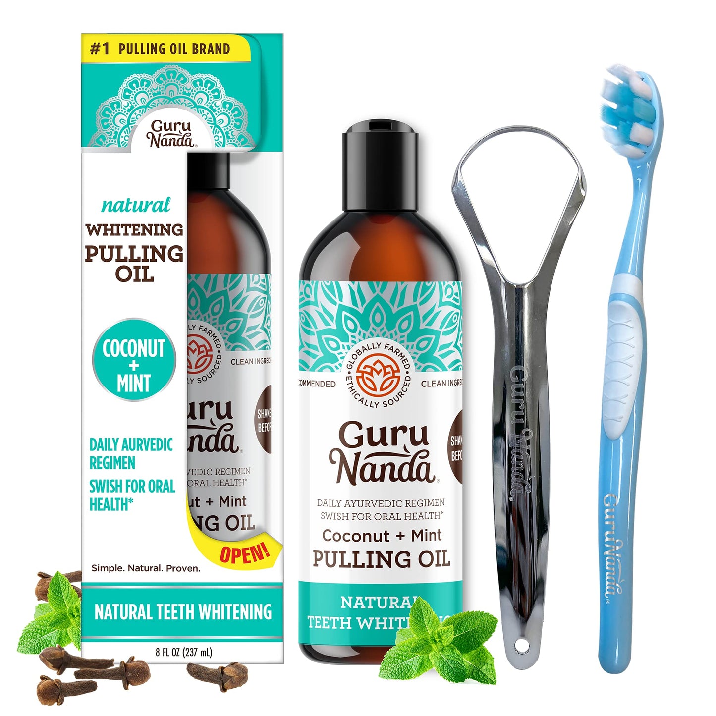 GuruNanda Advanced Formula Oil Pulling with Tongue Scraper, Original Oil Pulling, Mickey D’s- Coconut and Peppermint Oil Pulling & Concentrated Mouthwash- for Fresh Breath & Healthy Teeth & Gums