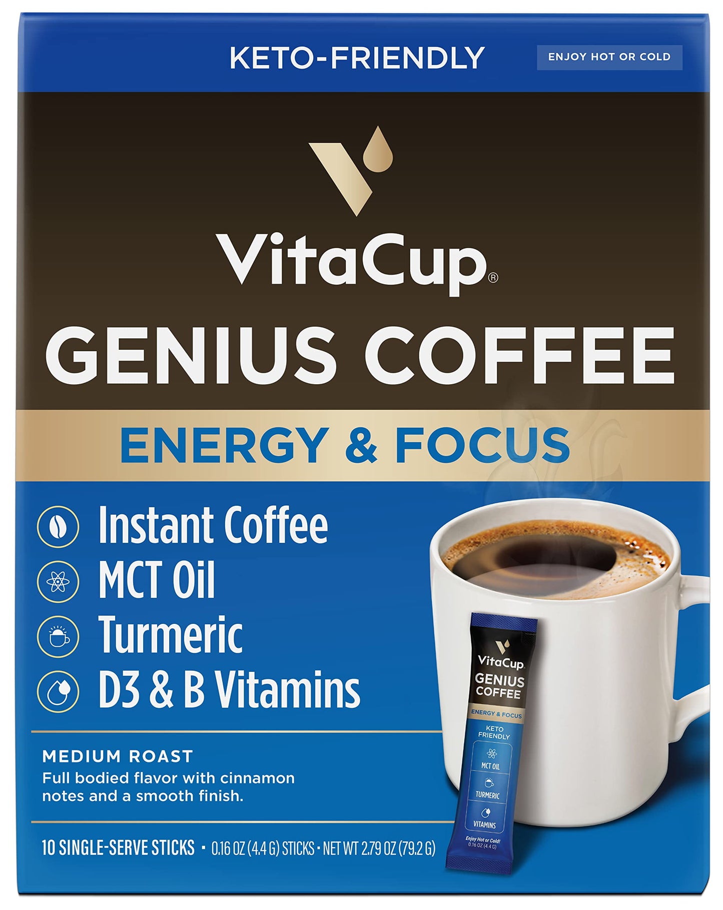 VitaCup Instant Coffee Stick (20) Count Bundle | Genius & Slim Blend | Superfood & Vitamins B1, B5, B6, B9, B12, & D3 Infused | Vegan | Enjoy Hot or Cold