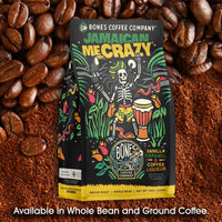 Bones Coffee Company Jamaican Me Crazy Ground Coffee Beans Vanilla Caramel, and Coffee Liqueur Flavor | 12 oz Medium Roast Low Acid Coffee | Flavored Coffee Gifts & Beverages (Ground)