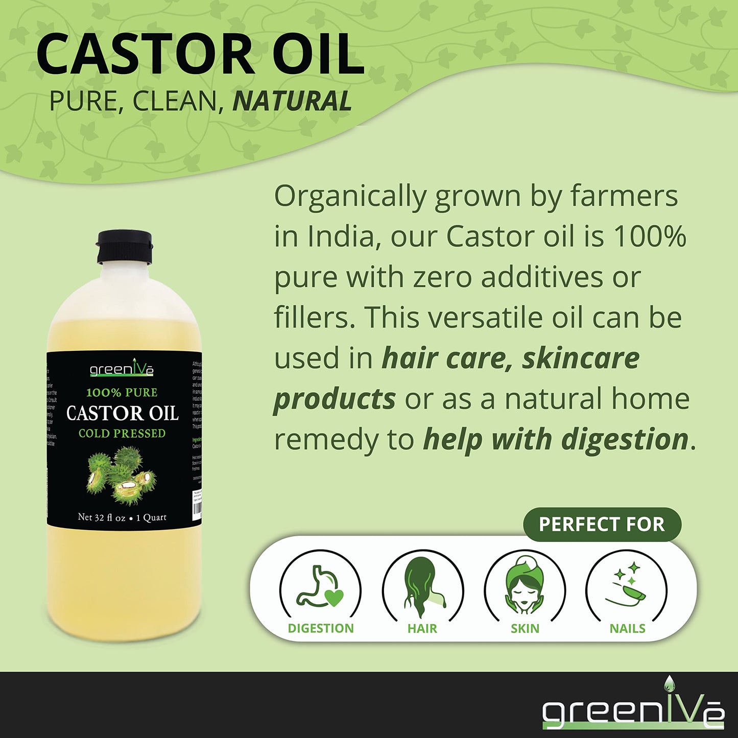 GreenIVe - 100% Pure Castor Oil - Cold Pressed - Hexane Free - Exclusively on Amazon (32 Ounce)