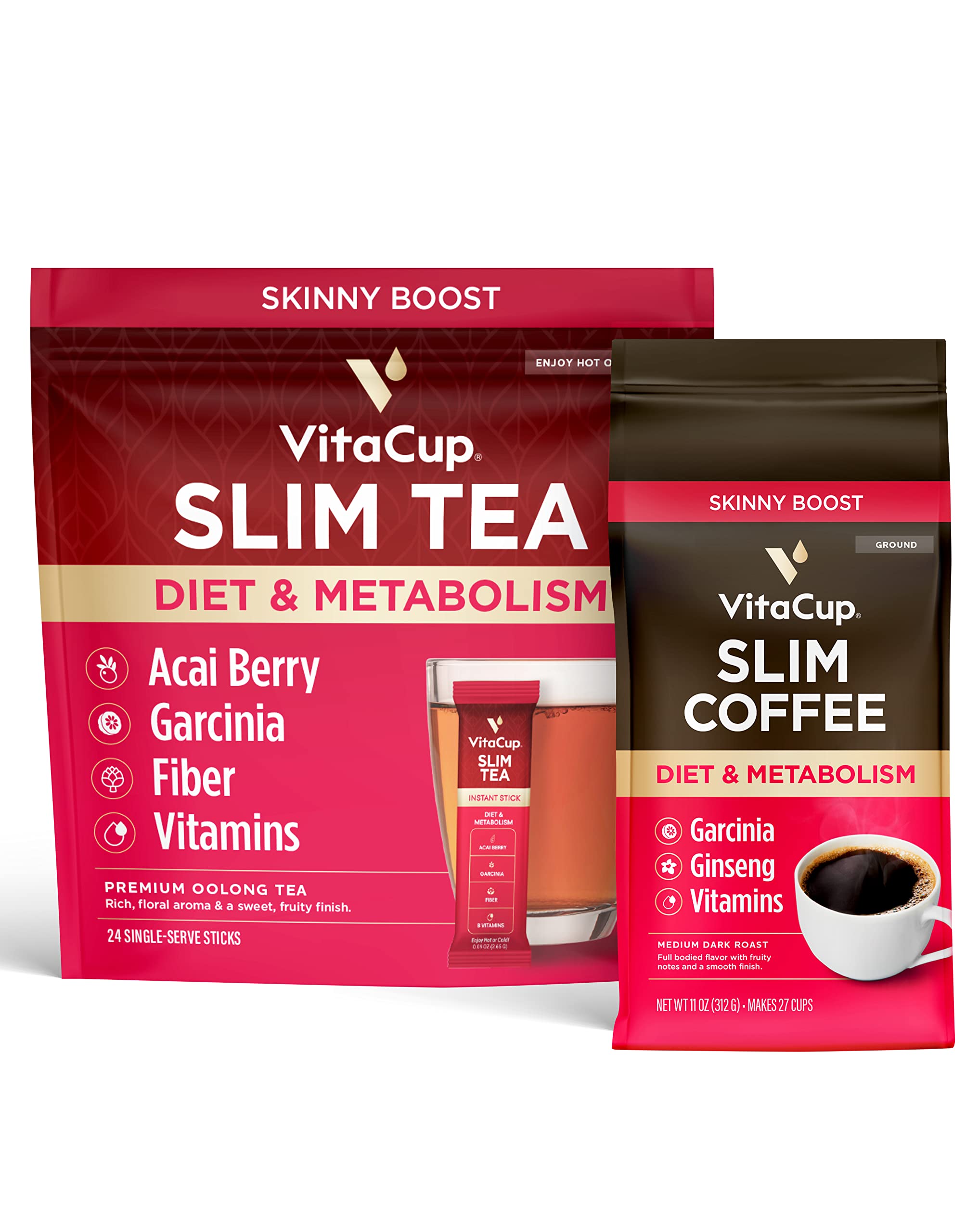 VitaCup Slim Instant Tea Packets Acai Oolong tea 24ct + Slim Instant Medium-Dark Ground Coffee 11oz, w/B Vitamins, Garcinia Camogia, Fiber, For Diet & Metabolism Support