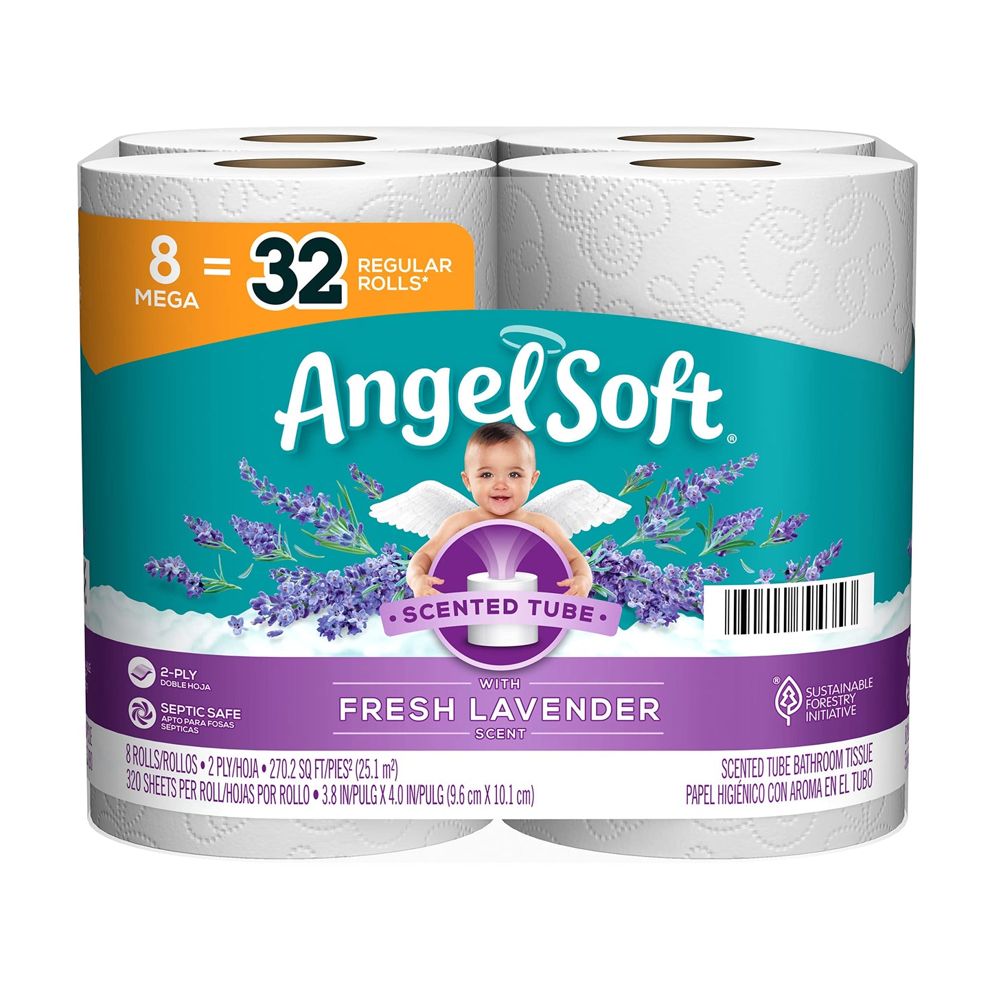 Angel Soft® Toilet Paper with Fresh Lavender Scent, 8 Mega Rolls = 32 Regular Rolls, 2-Ply Bath Tissue, 320 Sheets