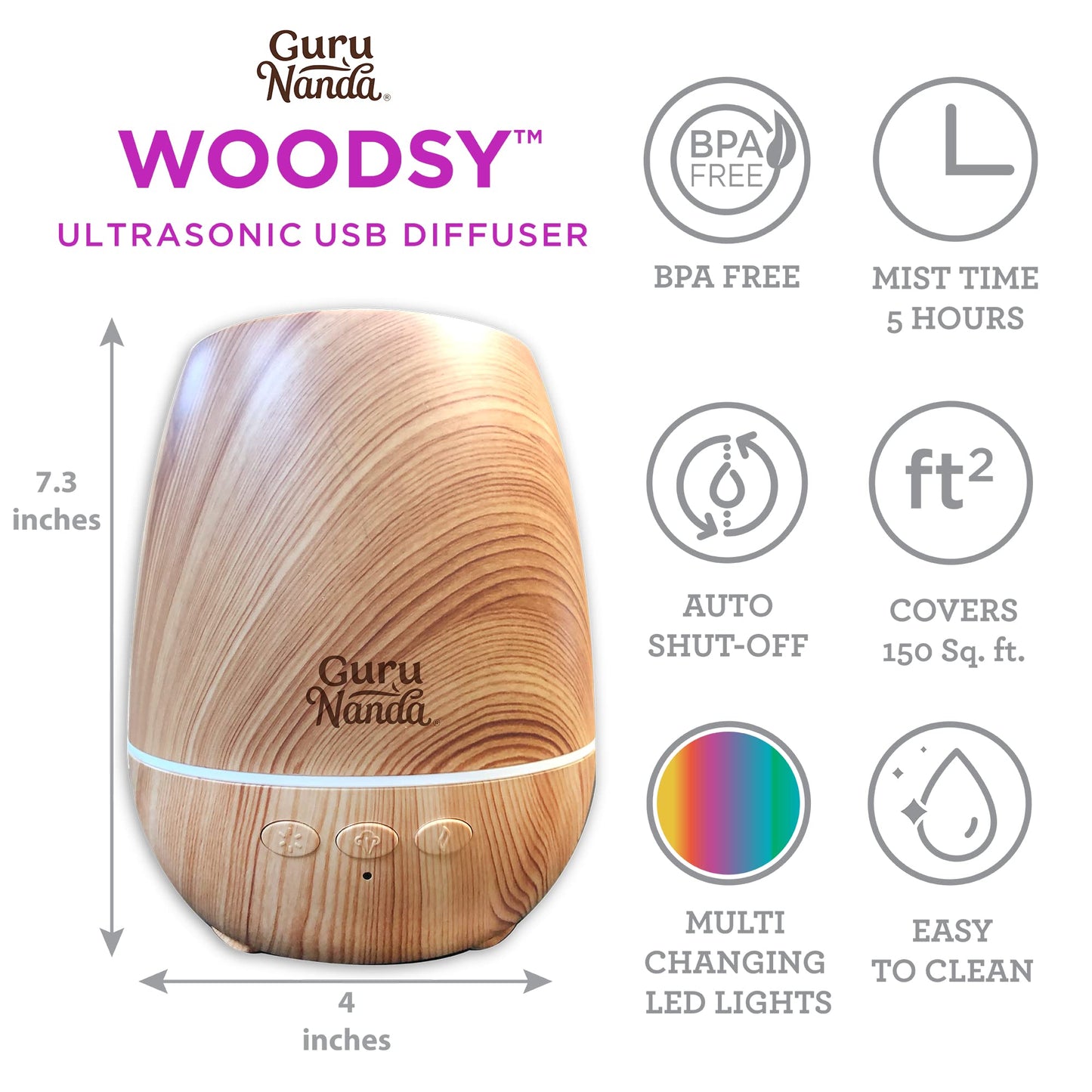 GuruNanda Woodsy Ultrasonic Diffuser & Cool Mist Humidifier - Aromatherapy Diffuser with Auto Shut-Off, 7 LED Lights & 5 Modes - Perfect for Spa, Yoga, Office & Large Room - Helps to Relax (150 mL)
