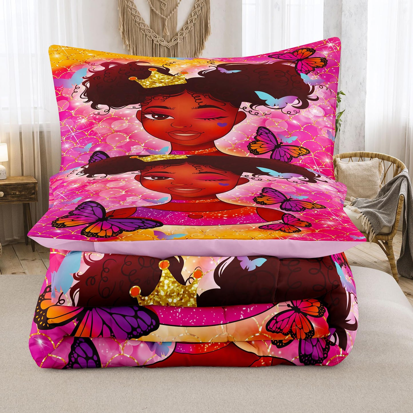 Tailor Shop Kawaii African American Black Girl Comforter Set Pink and Red Bedding Sets for Girls Kids Cute Magic Black Girl Bedding Set Mermaid Butterfly Comforter Full Size with 2 Pillowcase…