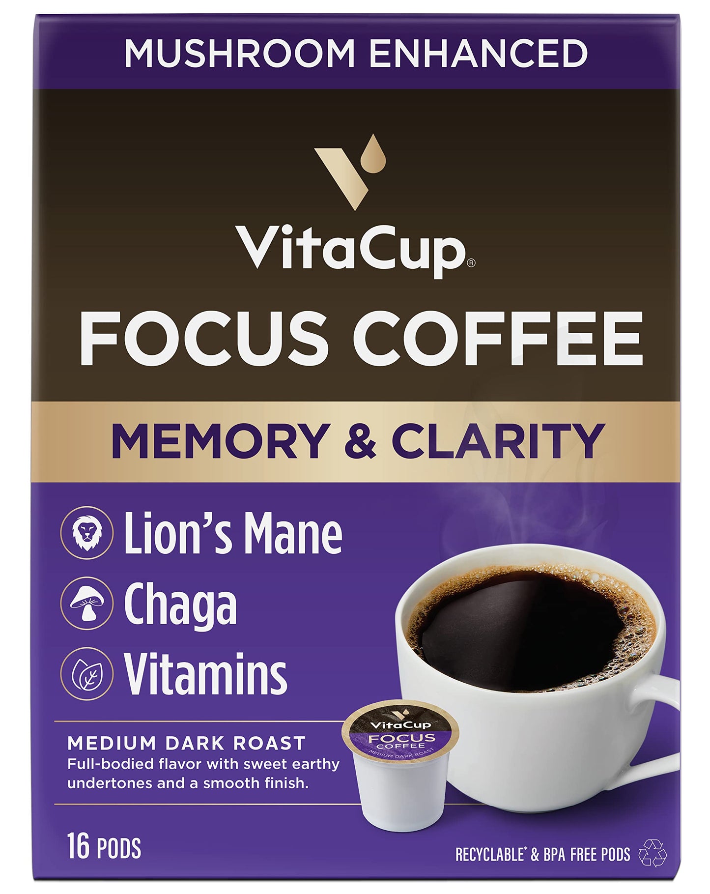 Vitacup Genius Gold & Focus Mushroom Coffee 32 Pod Bundle | Energy & Focus |Superfood & Vitamins Infused | Variety Pack of (2) 16 Count Single Serve Recyclable Pods Compatible with K-Cup Brewers