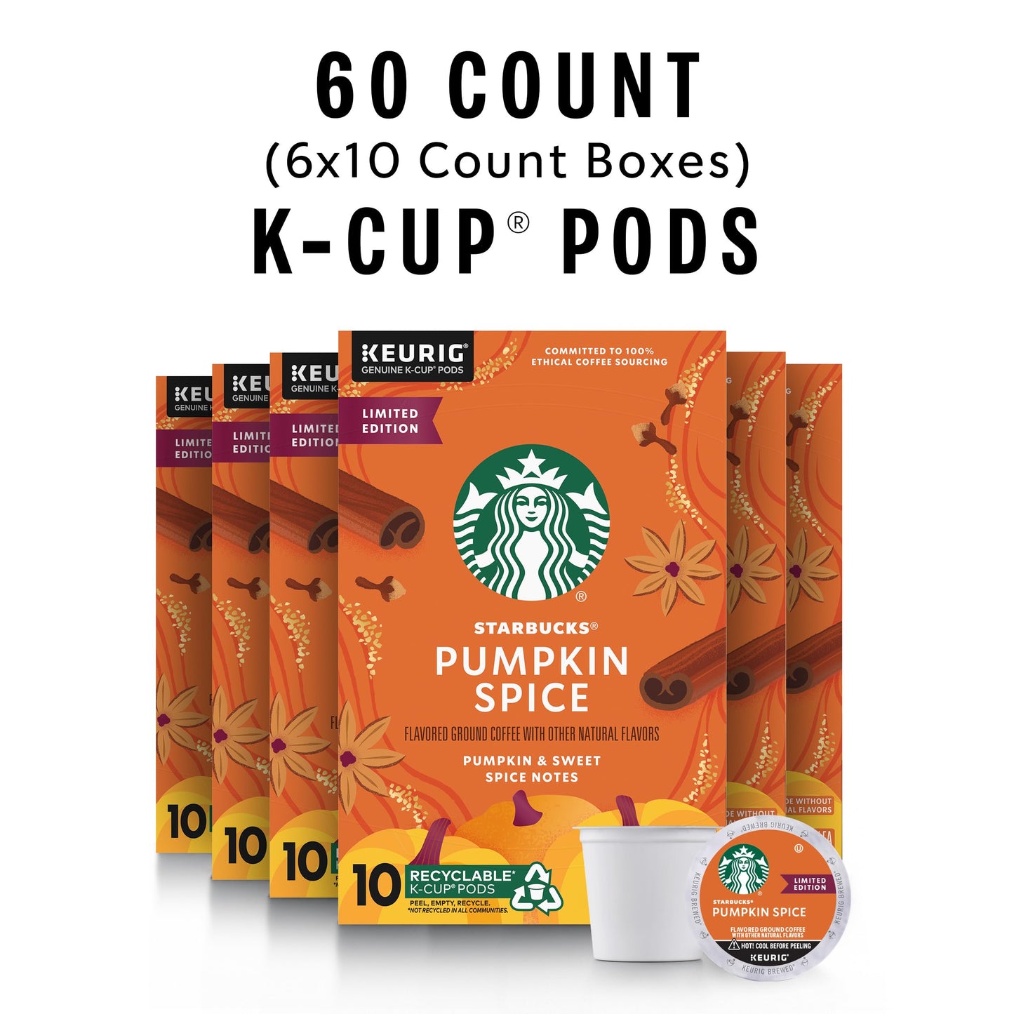 Starbucks K-Cup Coffee Pods—Pumpkin Spice Flavored Coffee—100% Arabica—Naturally Flavored—10 Count (Pack of 6)