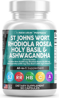 Clean Nutraceuticals St Johns Wort 10000mg Rhodiola Rosea 20000mg Holy Basil 3000mg Ashwagandha 6000mg - Mood Support for Women and Men with Vitamin C & Black Pepper Extract - Made in USA 90 Caps