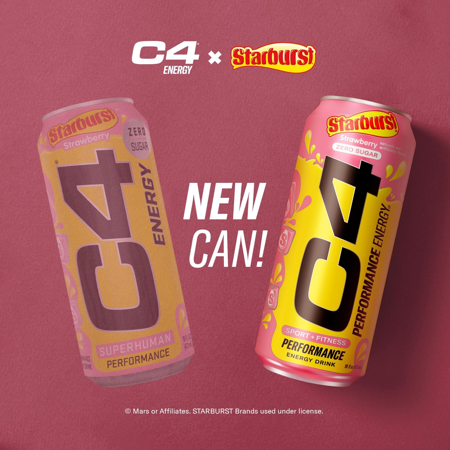 Cellucor C4 Energy Drink, STARBURST Strawberry, Carbonated Sugar Free Pre Workout Performance Drink with no Artificial Colors or Dyes, Pack of 12
