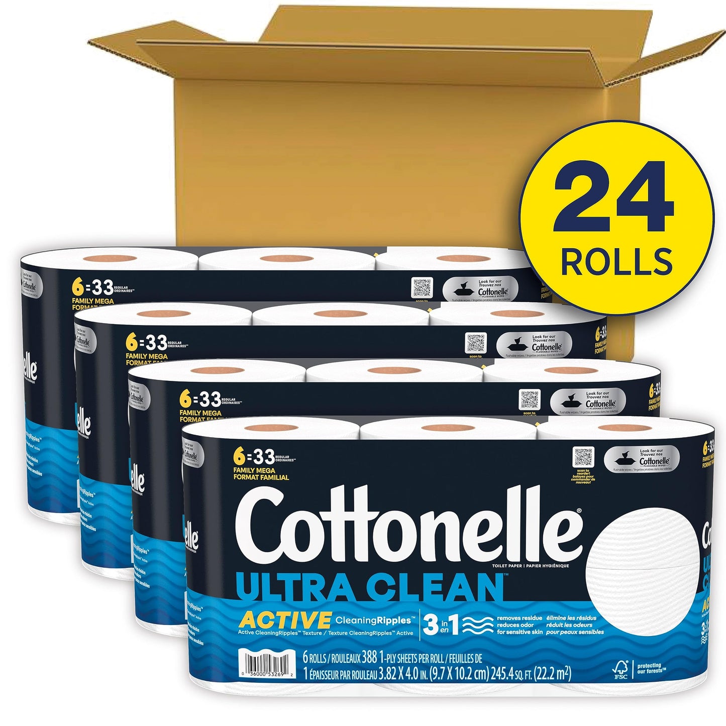 Cottonelle Ultra Clean Toilet Paper with Active CleaningRipples Texture, Strong Bath Tissue, 24 Family Mega Rolls (24 Family Mega Rolls = 132 Regular Rolls) (4 Packs of 6), 388 Sheets per Roll