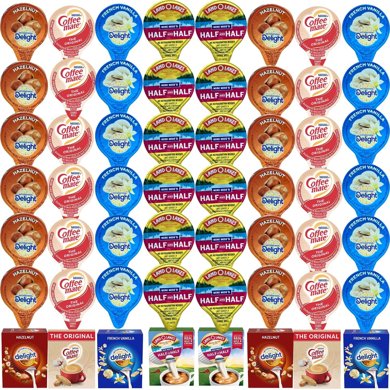 Coffee Creamer Singles Variety Pack Packaged by Bools, International Delight Creamer Singles Set, Delight Mini Coffee Creamer, Coffee Mate Original & Mini Moo's 4 Flavor Assortment (48 Pack) Coffee Creamer Singles for Home, Office, Coffee, Bar, Gift