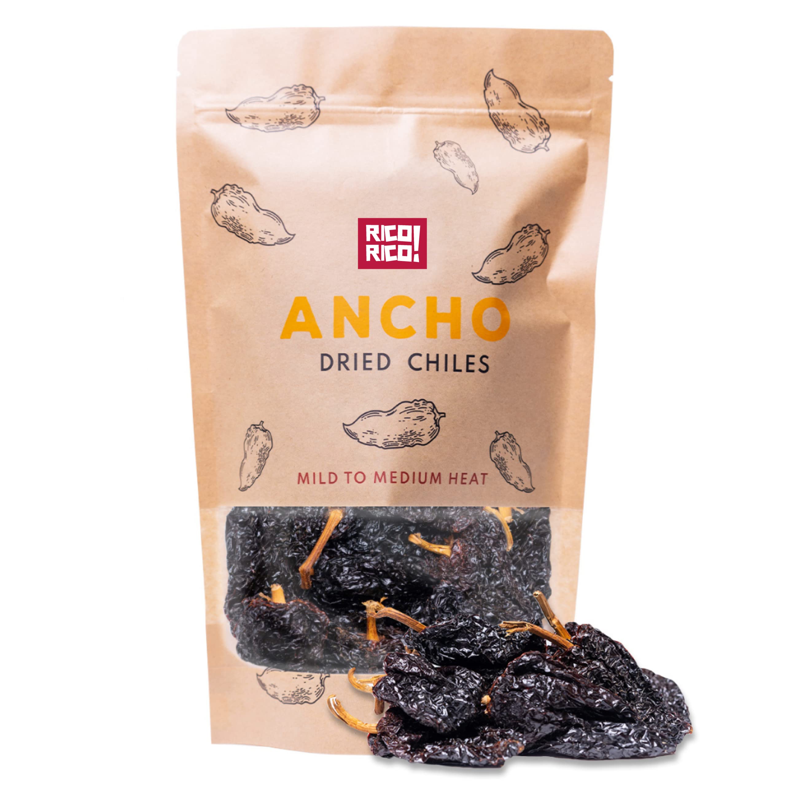 RICO RICO - Dried Ancho Chiles, 4 Oz - Premium Dried Chiles, Great for Birria Sauce, Mexican Mole, Enchiladas, Salsas, Pozole, Mild to Medium Heat, Sweet & Smoky Flavor. 100% Natural Dried Chili Peppers, Resealable in Kraft Bag by RICO RICO