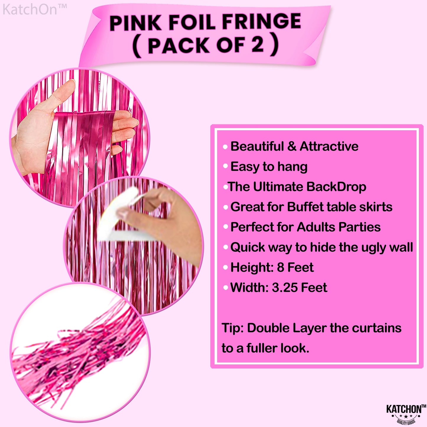 KatchOn, Pink Backdrop for Pink Party Decorations - XtraLarge 8x3.2 Feet, Pack of 2 | Pink Foil Fringe Curtain for Pink Streamers Party Decorations | Pink Fringe Backdrop, Galentines Day Decorations