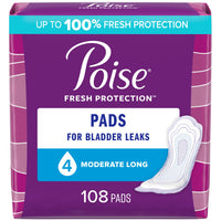 Poise Incontinence Pads & Postpartum Incontinence Pads, 4 Drop Moderate Absorbency, Long Length, 108 Count (2 Packs of 54), Packaging May Vary, Adults, White