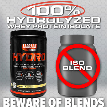 Labrada Hydro 100% Pure Hydrolyzed Whey Protein Isolate Powder, Lactose Free, 6g BCAA’s, 4.5g Glutamine, Fastest Digesting Whey Available, Instant Mixing, Delicious Taste (Vanilla)