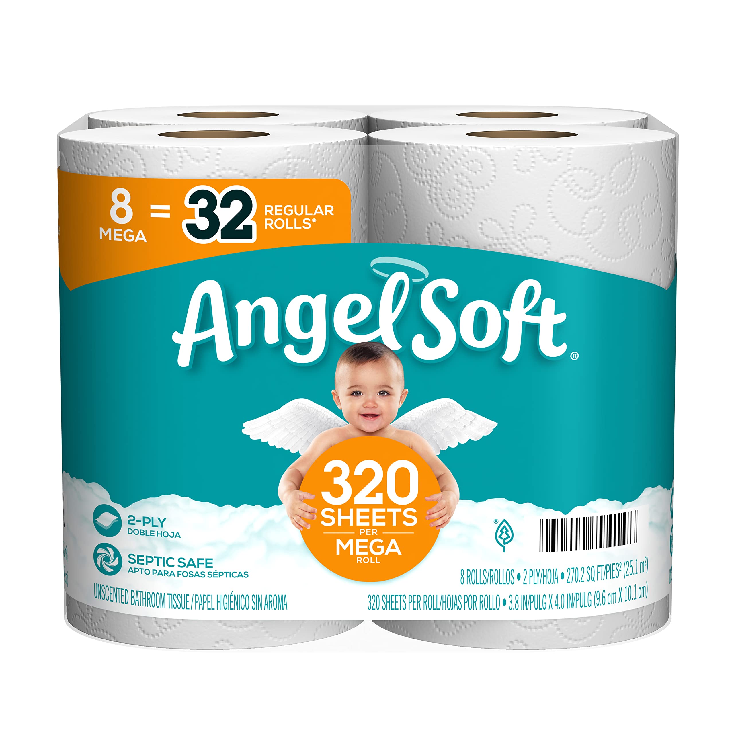 Angel Soft® Toilet Paper, 8 Mega Rolls = 32 Regular Rolls, 2-Ply Bath ...