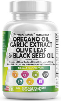 Oregano Oil 6000mg Garlic Extract 4000mg Olive Leaf 3000mg Black Seed Oil 3000mg - Immune Support & Digestive Health Supplement for Women and Men with Vitamin D3 and Zinc - Made in USA 60 Caps