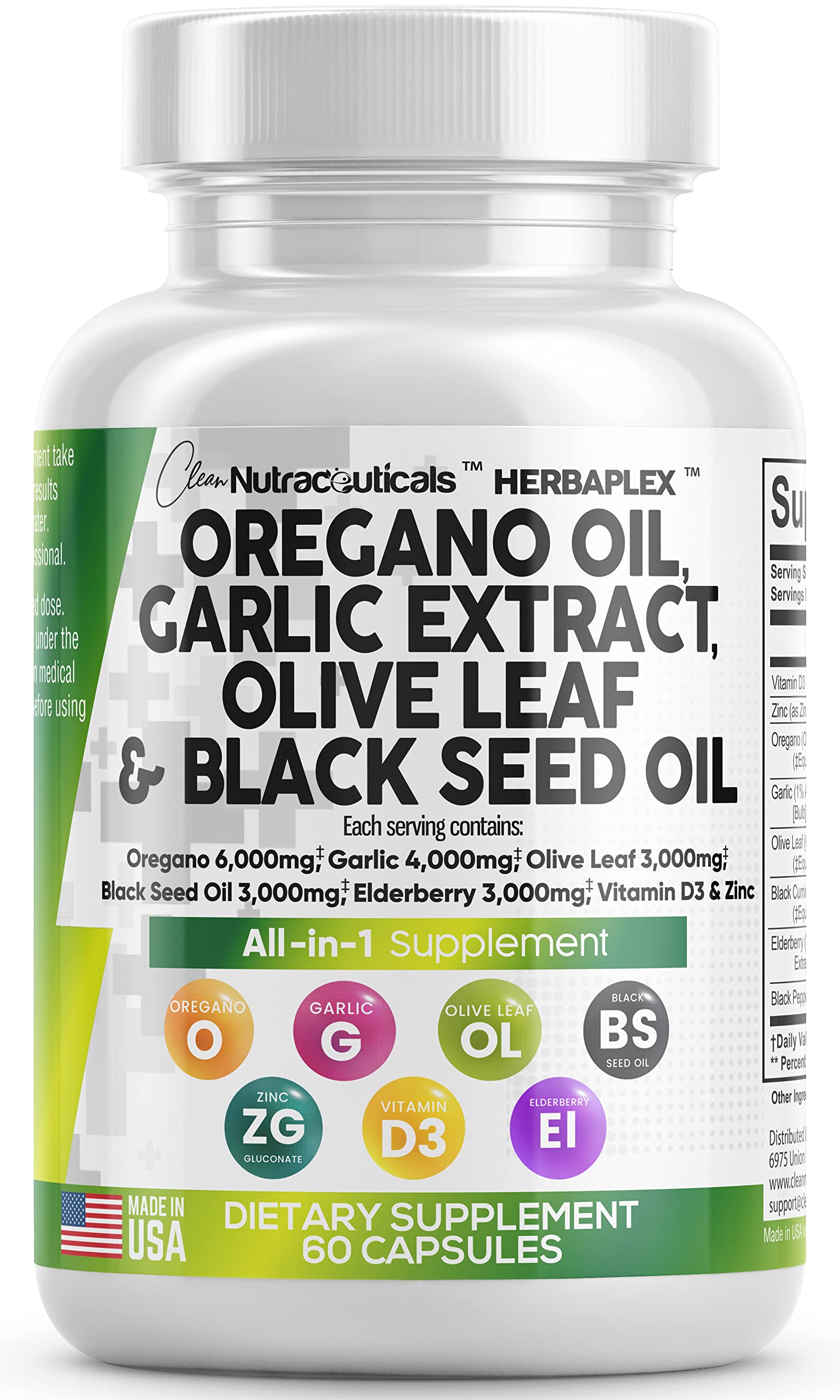 Oregano Oil 6000mg Garlic Extract 4000mg Olive Leaf 3000mg Black Seed Oil 3000mg - Immune Support & Digestive Health Supplement for Women and Men with Vitamin D3 and Zinc - Made in USA 60 Caps