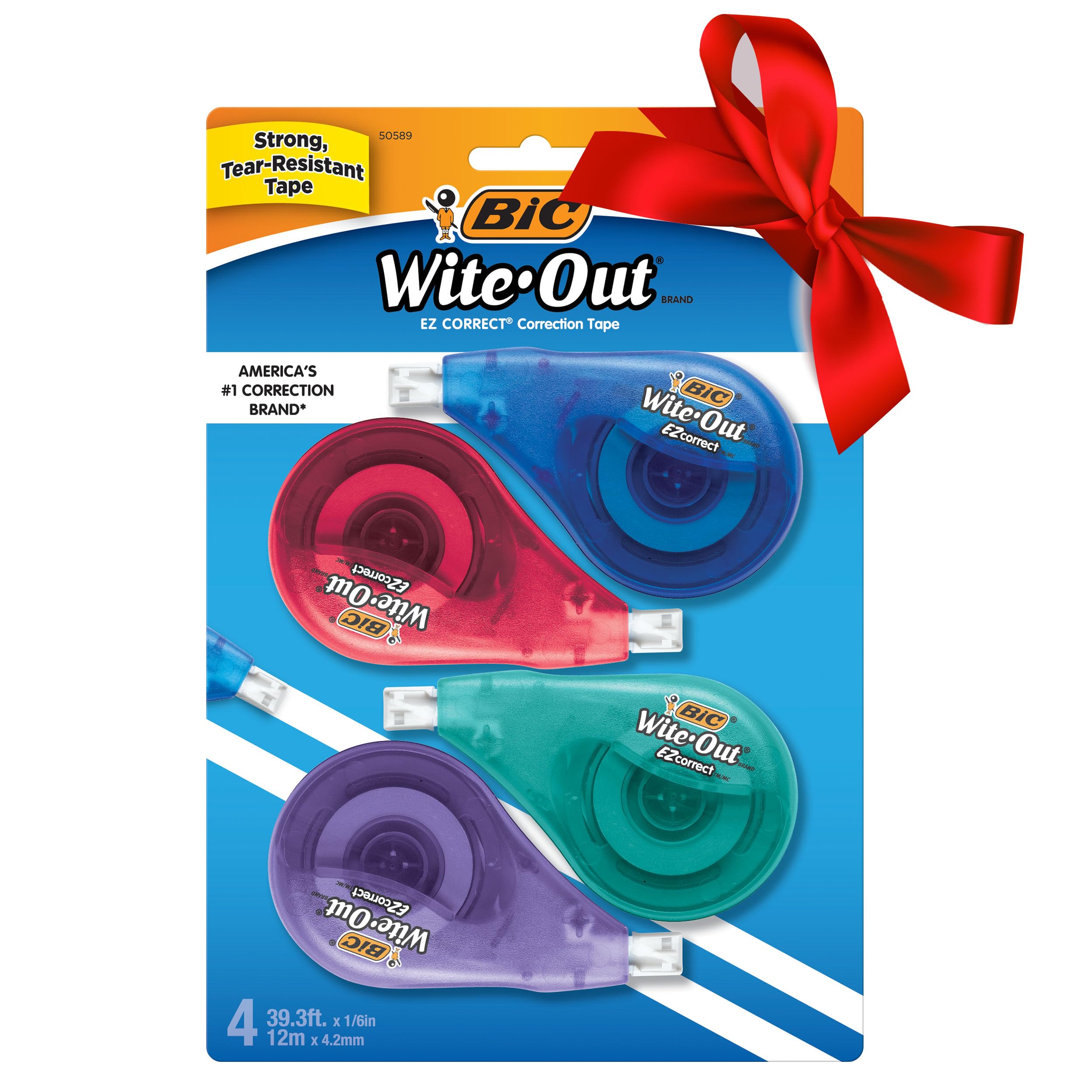 BIC Wite-Out Brand EZ Correct Correction Tape, 19.8 Feet, 4-Count Pack of white Correction Tape, Fast, Clean and Easy to Use Tear-Resistant Tape, Great Stocking Stuffers for Teachers