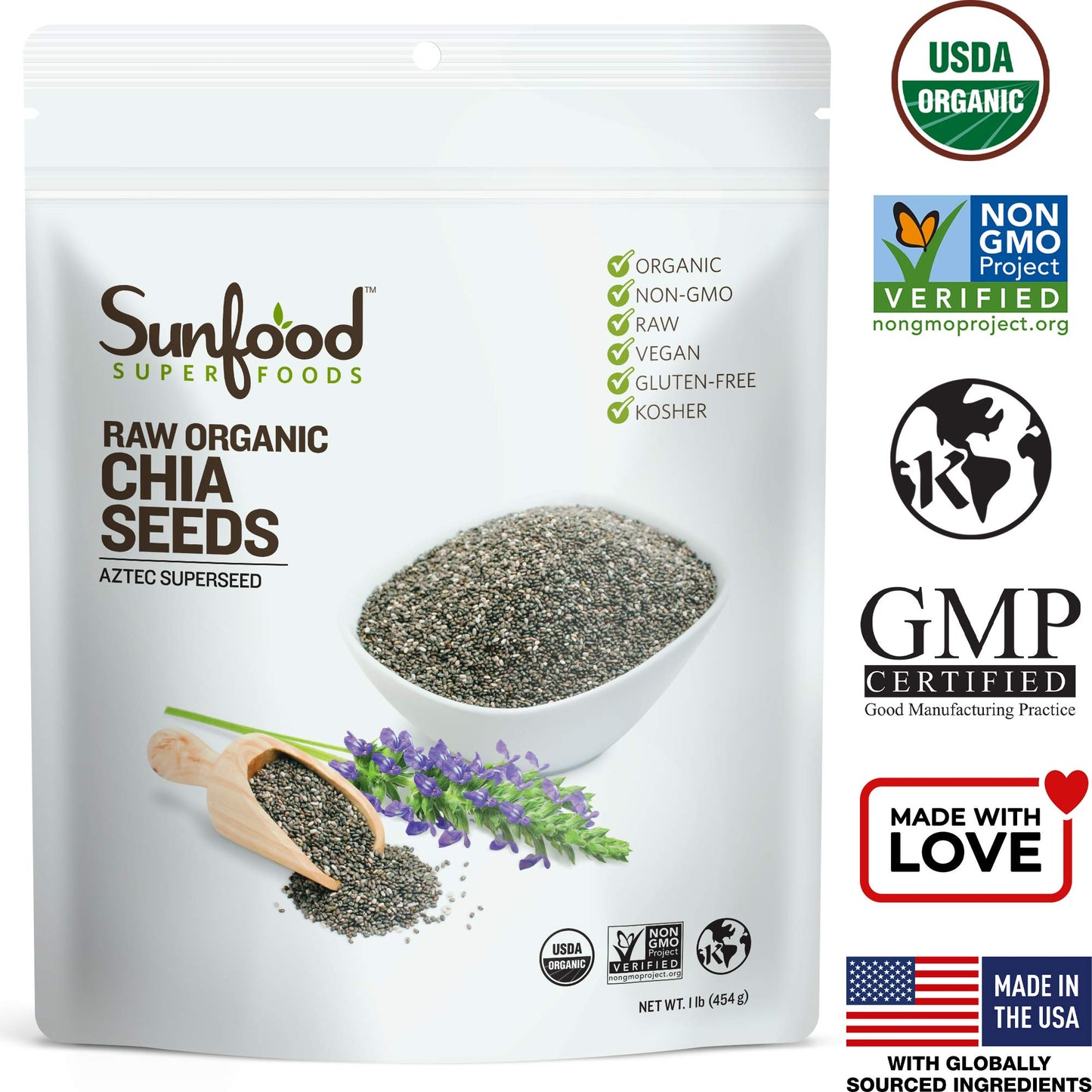 Sunfood Superfoods Chia Seeds - Organic, Whole - Omega Rich & Heart Healthy Keto Super-Seed - Great for Weight-Loss - Non-GMO - Enjoy As-Is or Ground in Smoothies - Bulk 1 lb Bag