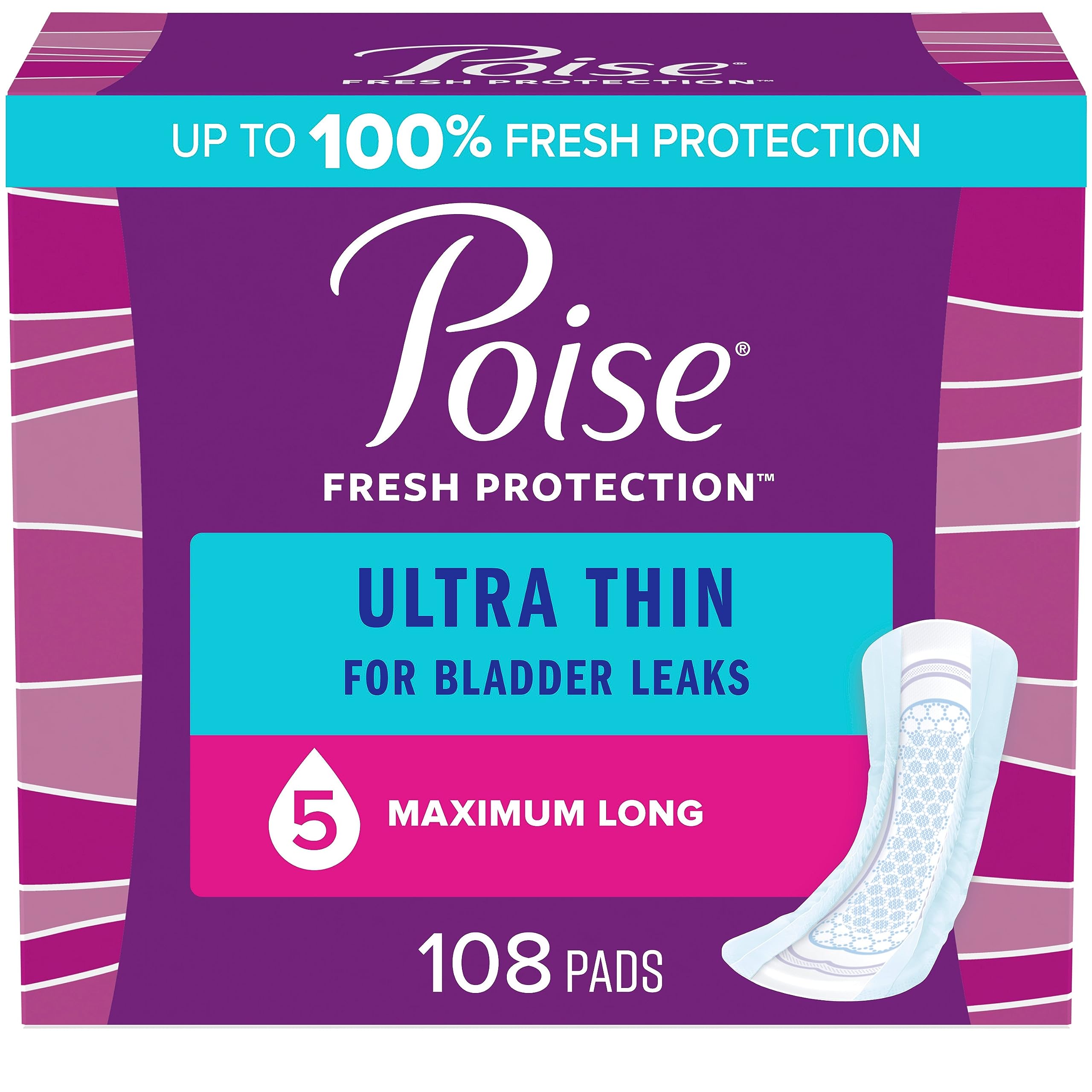Poise Ultra Thin Incontinence Pads & Postpartum Incontinence Pads, 5 Drop Maximum Absorbency, Long Length, 36 Count (Pack of 3), Packaging May Vary