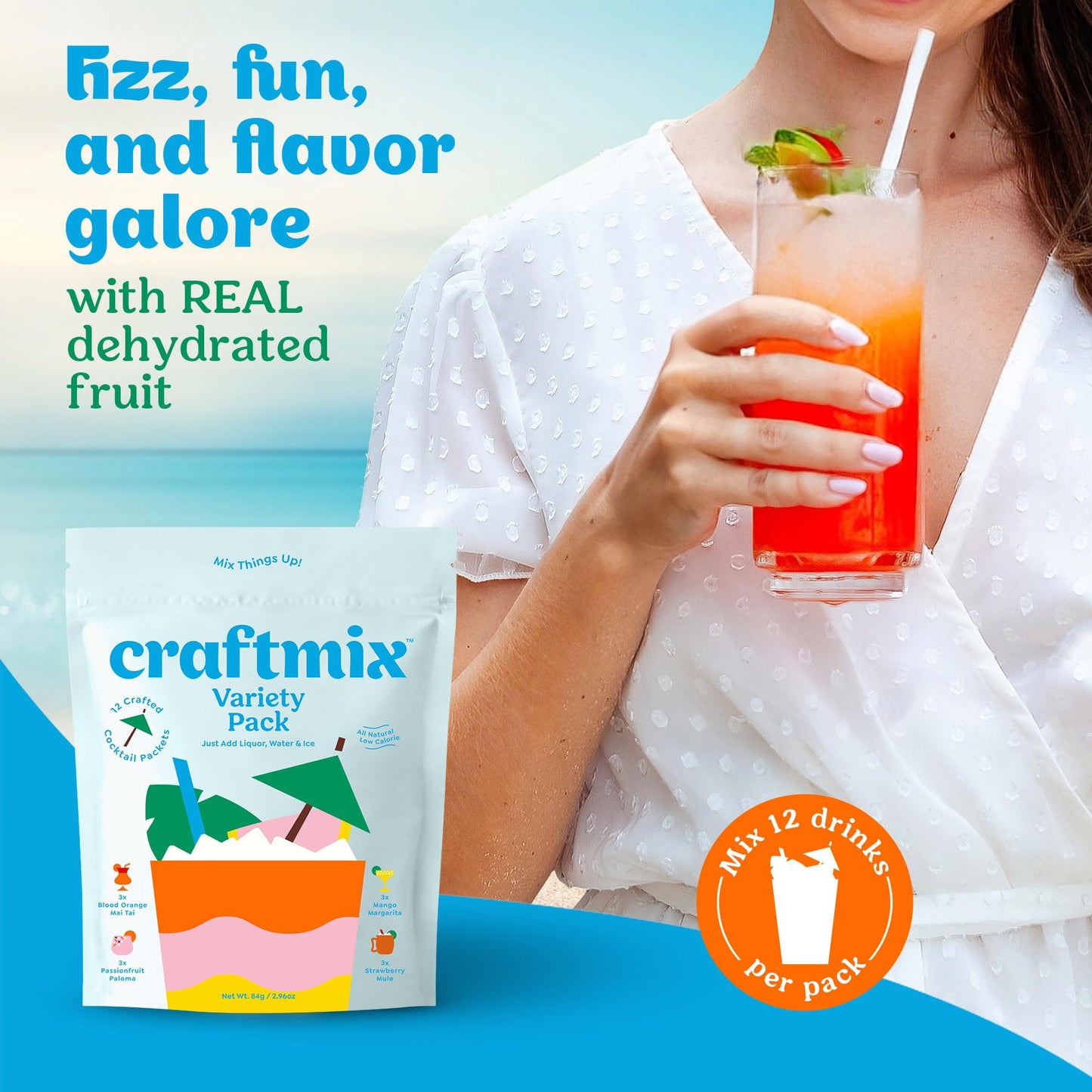 Craftmix Variety Pack, Makes 12 Drinks, Skinny Cocktail Mixers, Mocktails Non-Alcoholic Drinks - Made With Real Fruit - Vegan Low-Carb, Low-Sugar, Non-GMO, Dairy Free, Gluten Free, Easy to Mix